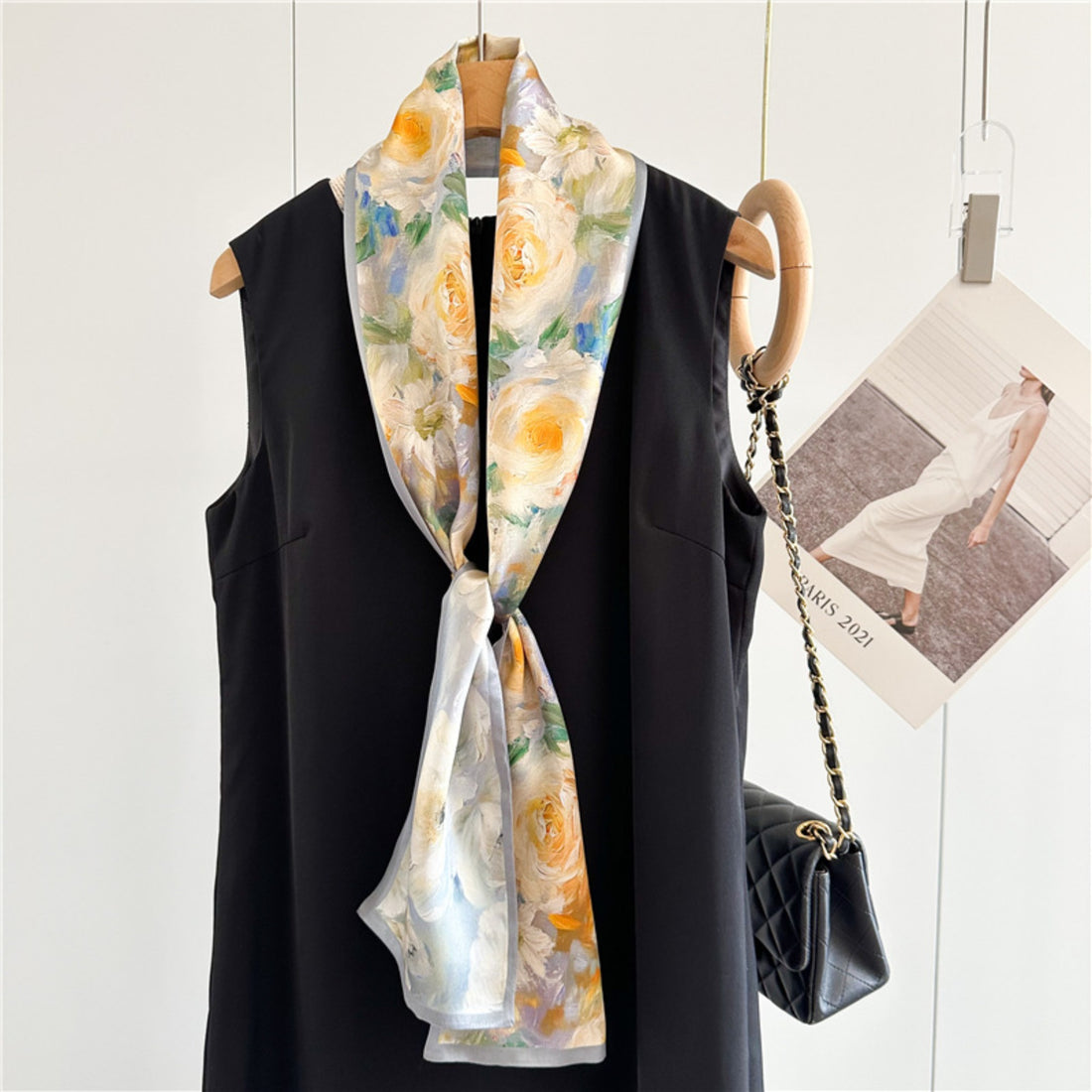 Luxury Oil Painting Rose Silk Scarf | Artistic Vintage Mulberry Silk Ribbon