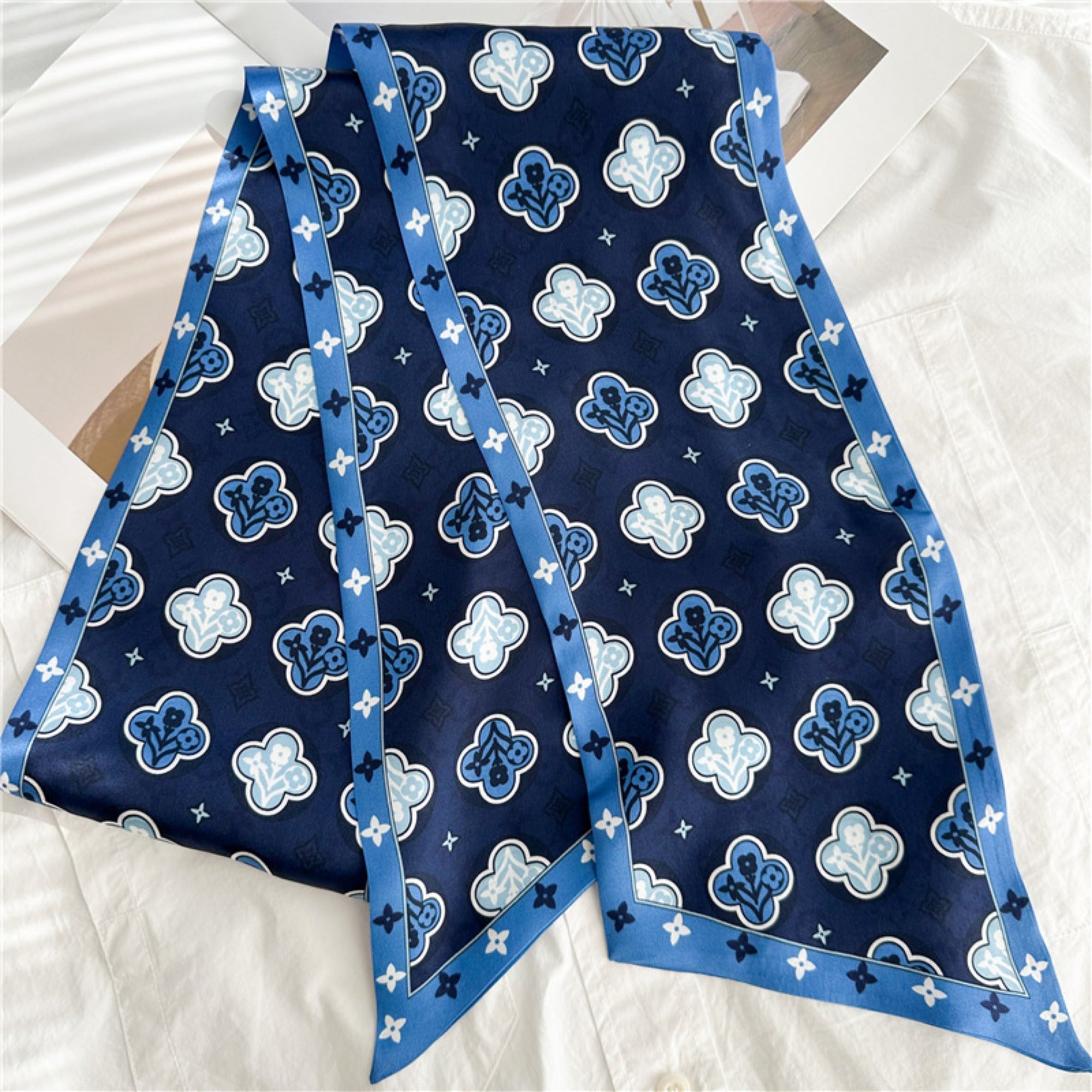 Blue Four-Leaf Clover Mulberry Silk Scarf | Lucky Charm Double-Sided Long Ribbon