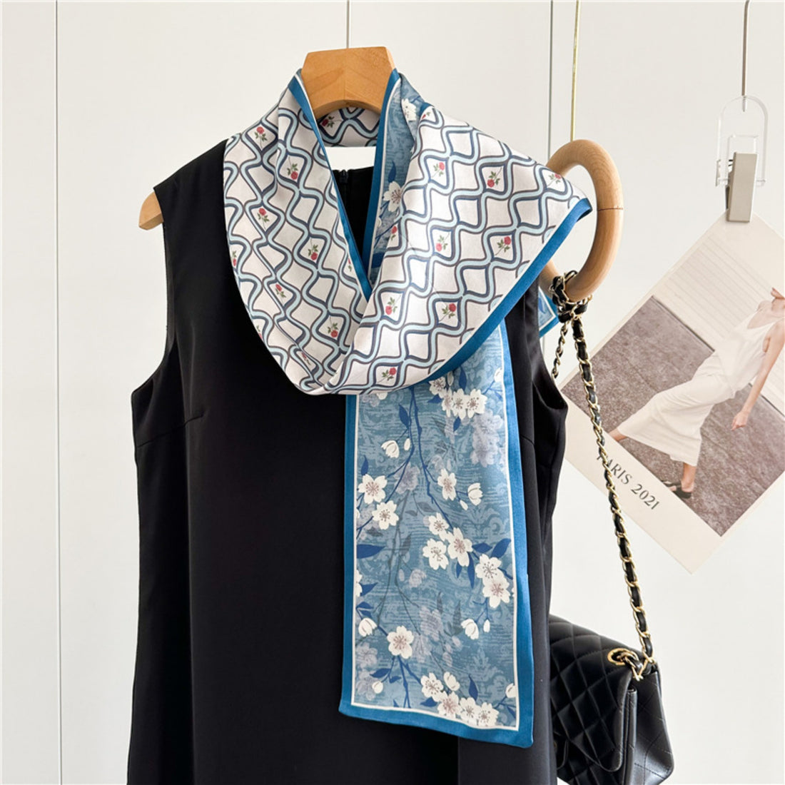 Elegant Blue Floral Plaid Silk Scarf | Graceful Checkered Mulberry Silk Ribbon