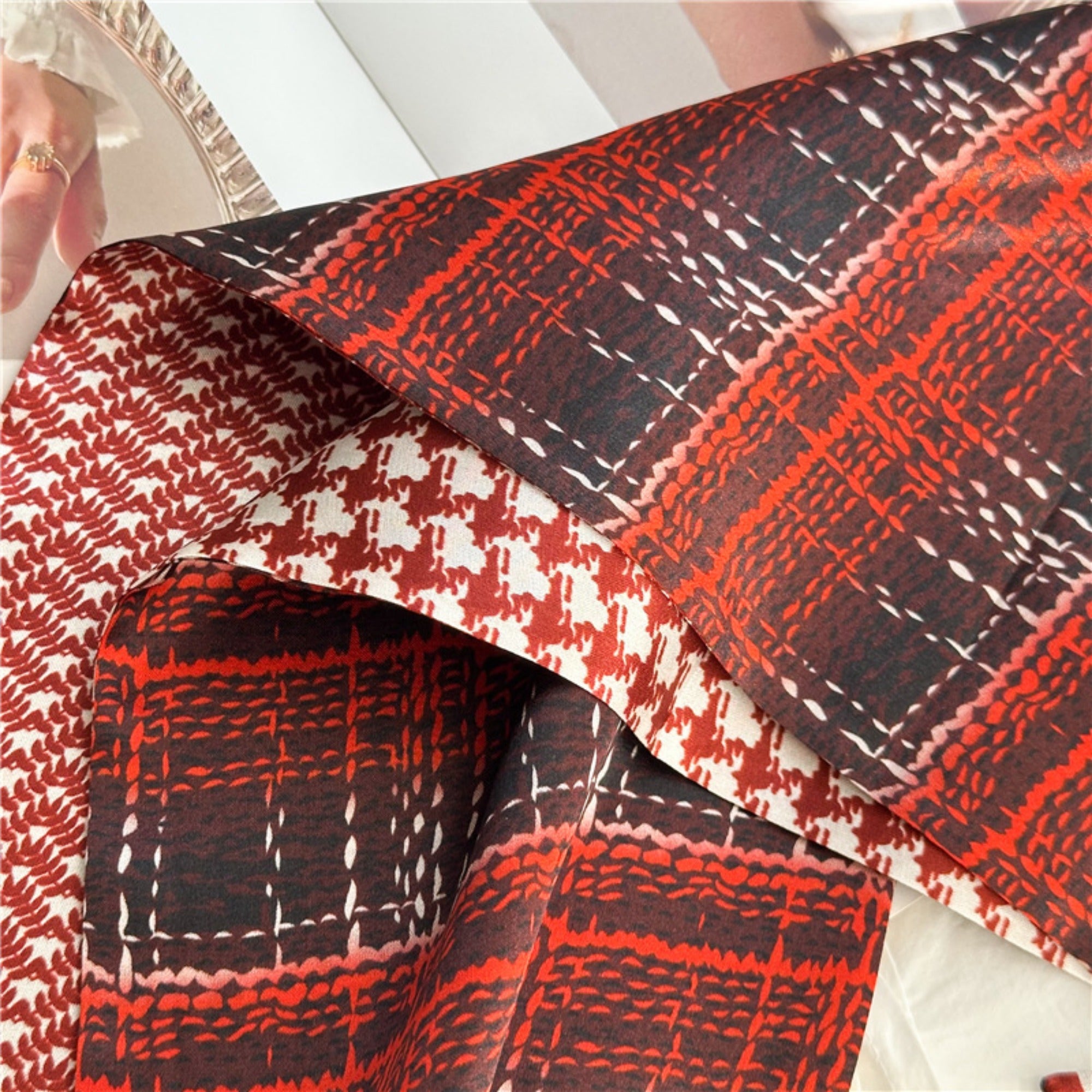 Checkered Camellia Mulberry Silk Scarf | Elegant Floral Grid Long Ribbon