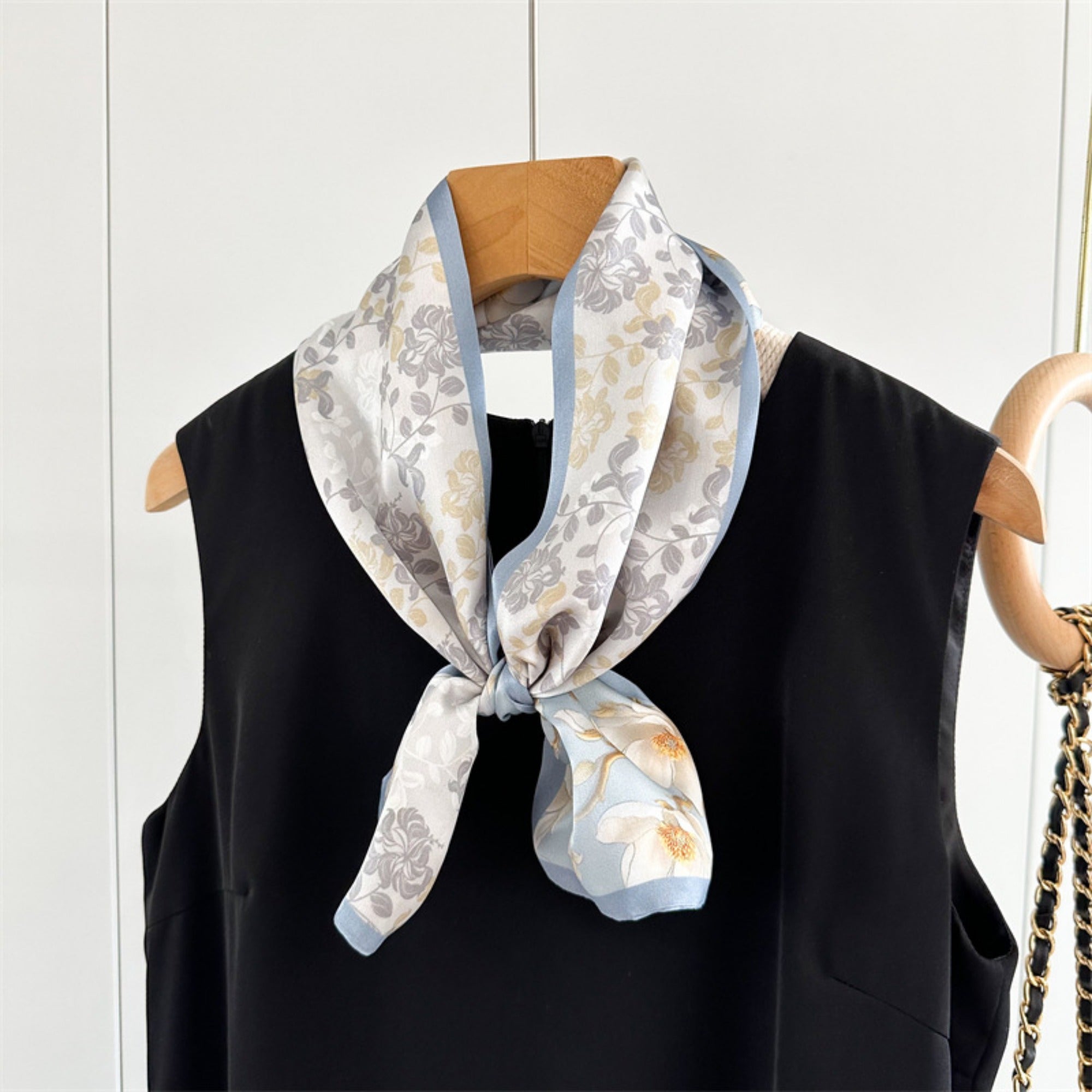 Magnolia & Butterfly Mulberry Silk Scarf | Graceful Nature-Inspired Long Ribbon