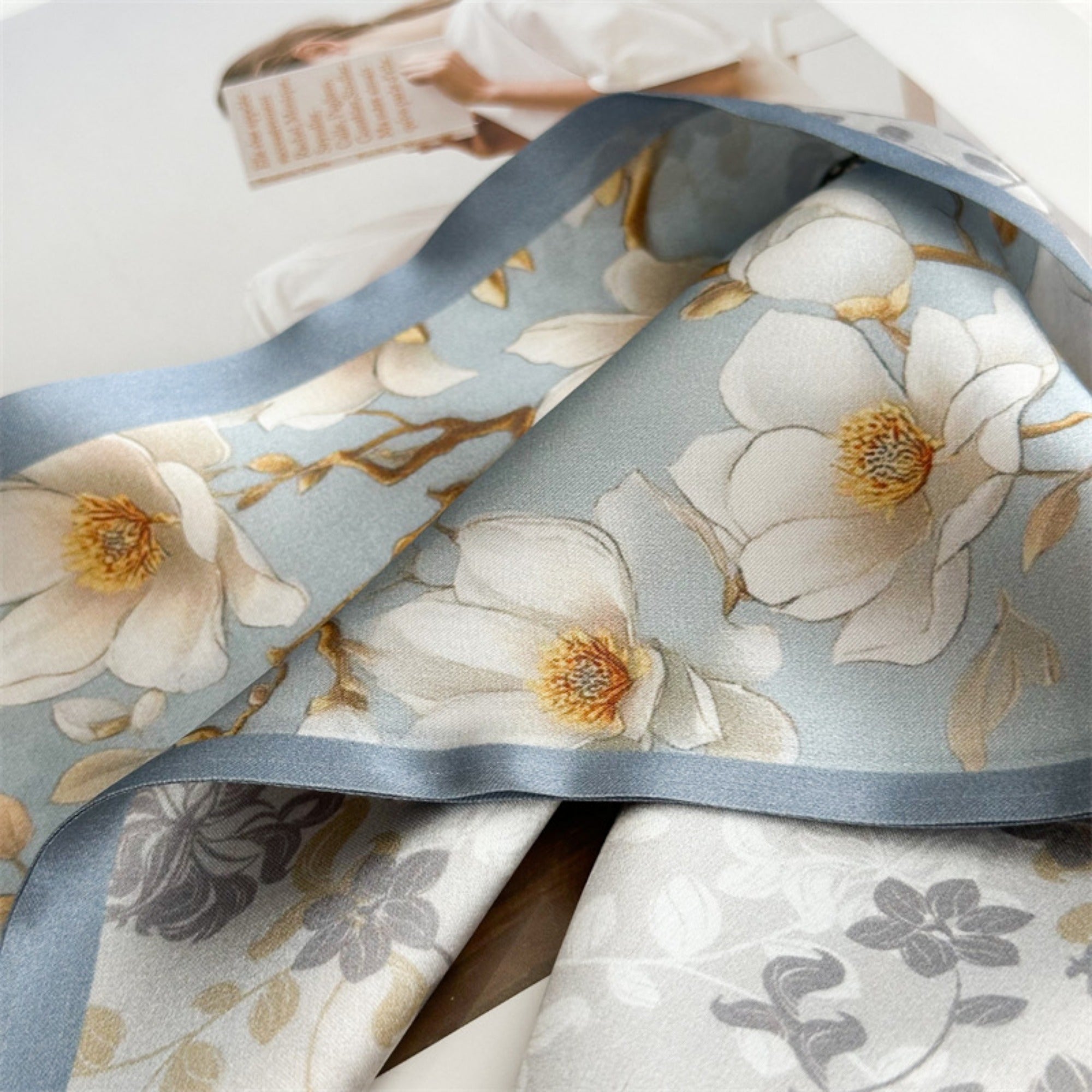 Magnolia & Butterfly Mulberry Silk Scarf | Graceful Nature-Inspired Long Ribbon