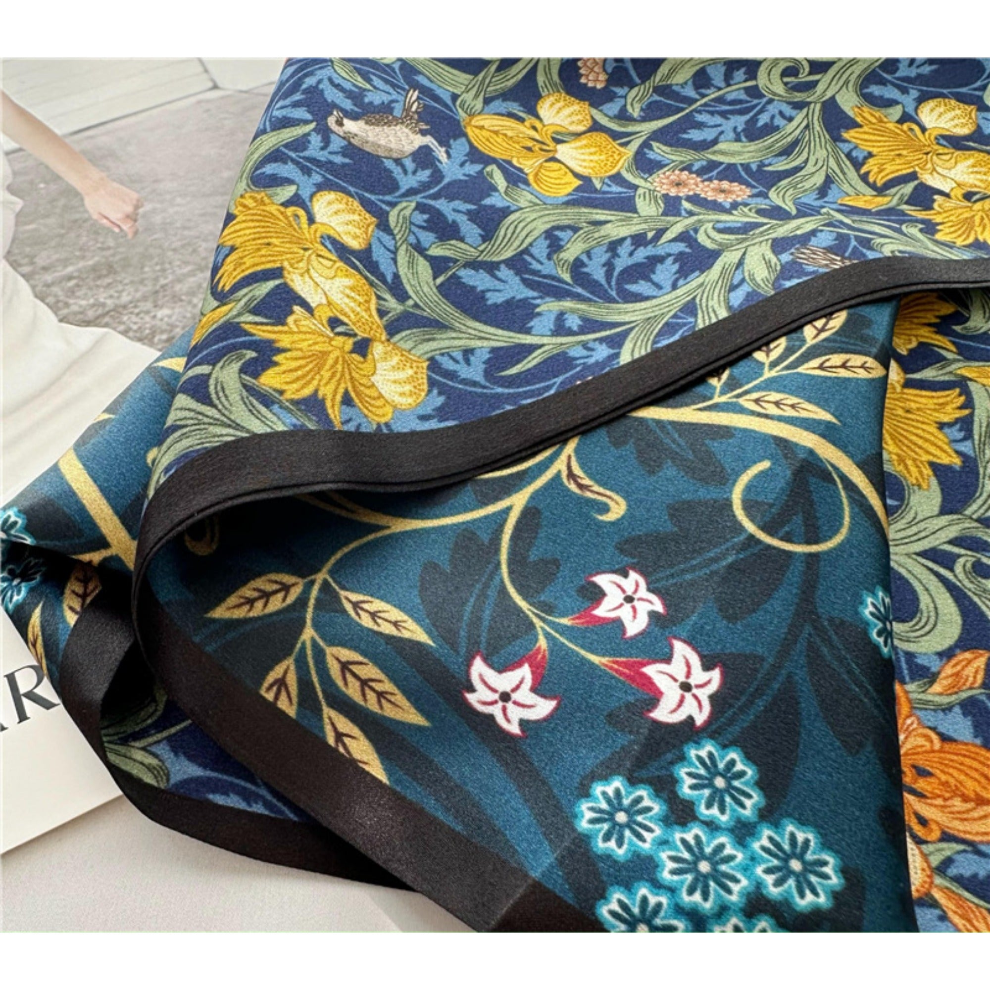 Blue Double-Sided Floral Mulberry Silk Scarf | Soft & Romantic Long Ribbon