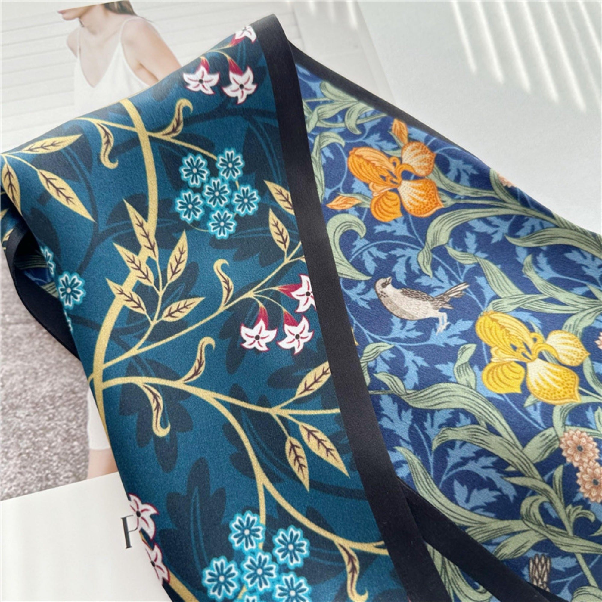 Blue Double-Sided Floral Mulberry Silk Scarf | Soft & Romantic Long Ribbon