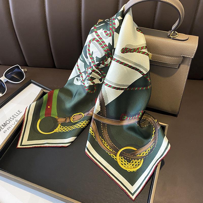 Dark Green Stallion Chain Pattern Luxurious 65cm Mulberry Silk Square Scarf/Hand-Rolled Hem/Small Neck Scarf/Gift For Her