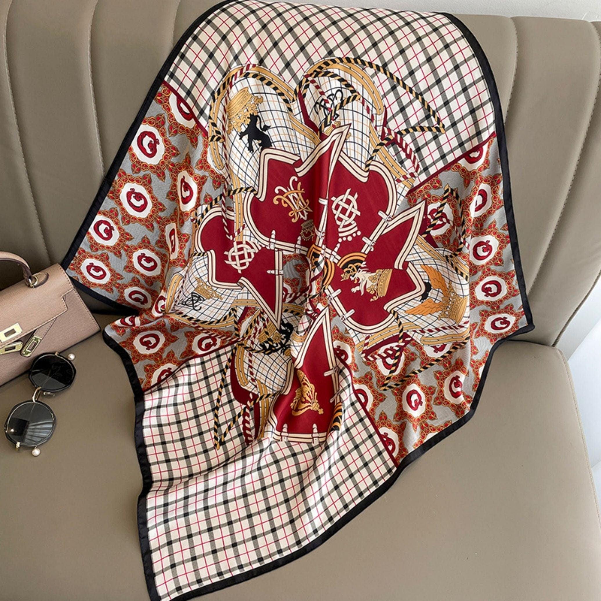 Roter quadratischer Schal mit Vintage-Karomuster, 70 cm, strukturierter Seidenschal, Sonnenschutz-Seidenschal, Halstuch, Satinschal, Geschenk