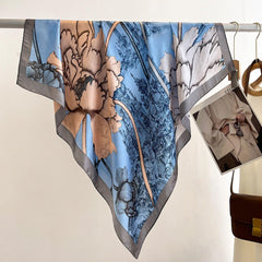 Türkischer Blauer Flora Großer Seidenschal/9090cm/Seidenschal/Seidenbandana/Großer Satinschal/Geschenk für Sie/Muttertag