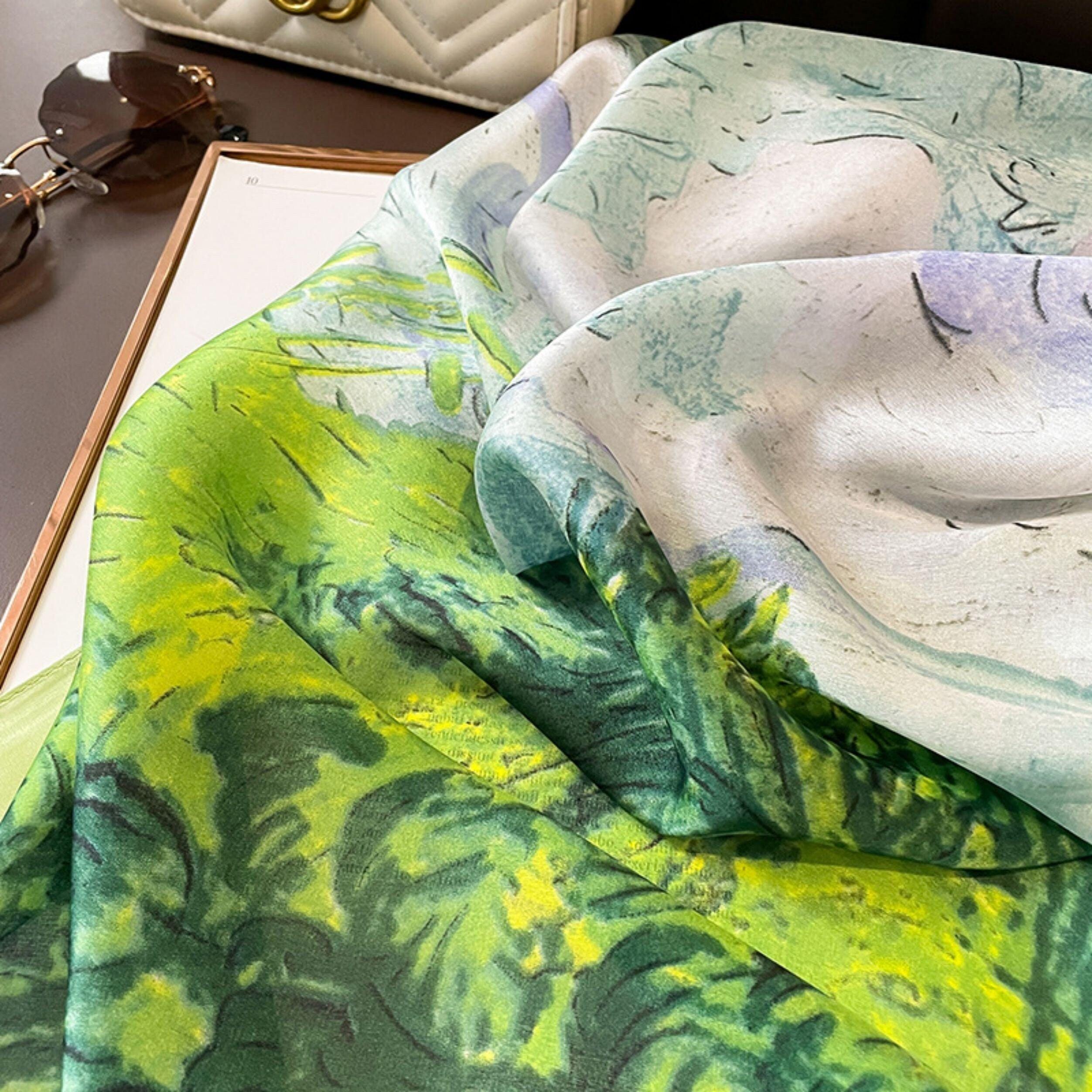 油絵明るいグリーン/180cm*90cm/サテンロングスカーフ/ボヘミアンショール/シルクショール/ヘッドスカーフ/お母さんへのギフト