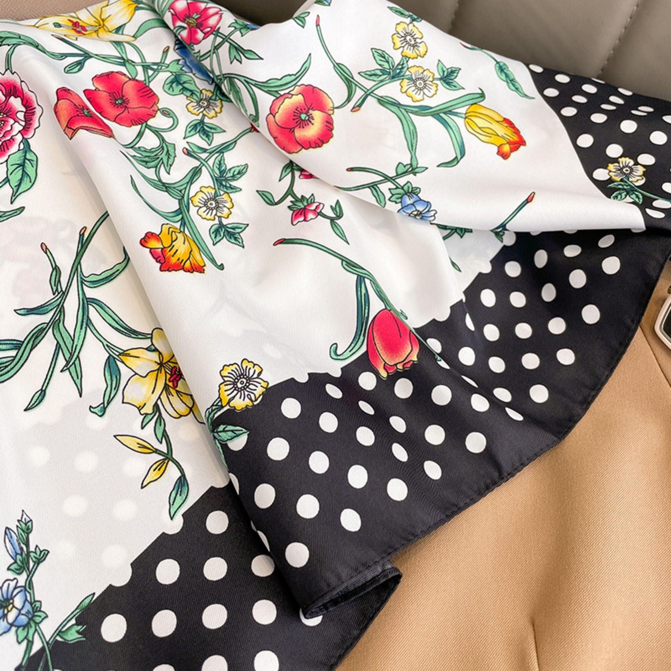 Vintage Polka Dots Prints 70cm quadratischer Schal, strukturierter Seidenschal, Sonnenschutz-Seidenschal, Halstuch, Satinschal, Geschenk