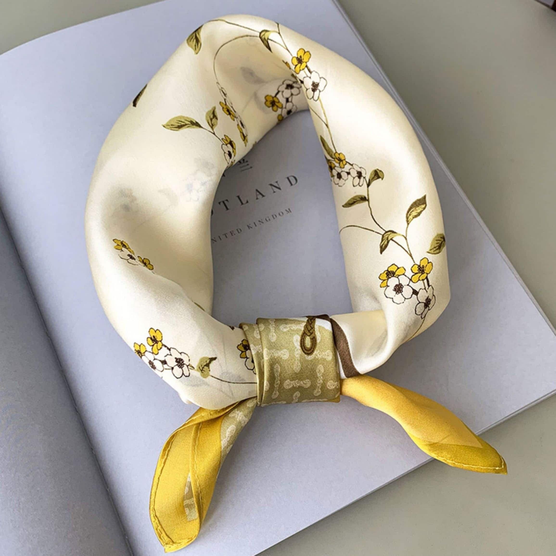 エレガントなフローラ 100% マルベリーシルクスカーフ/シルクヘッドスカーフ/シルクヘアスカーフ/シルクネックスカーフ/母の日ギフト/バッグアクセサリー/彼女へのギフト