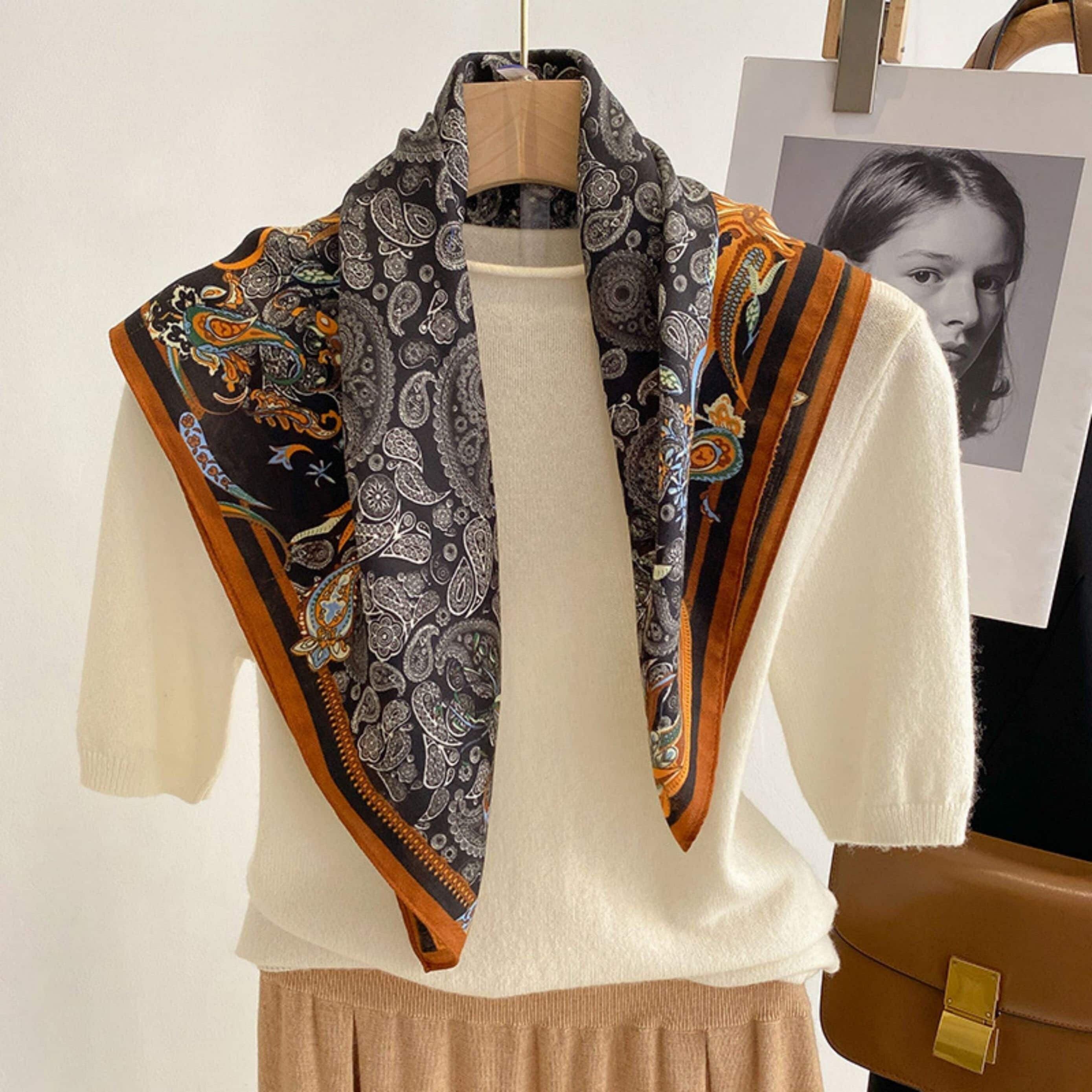 Navy Blue Paisley Pattern Square Scarf/Retro Pattern Cotton and Linen Texture Shawl/Head Scarf for Women/Perfect Gift for Her