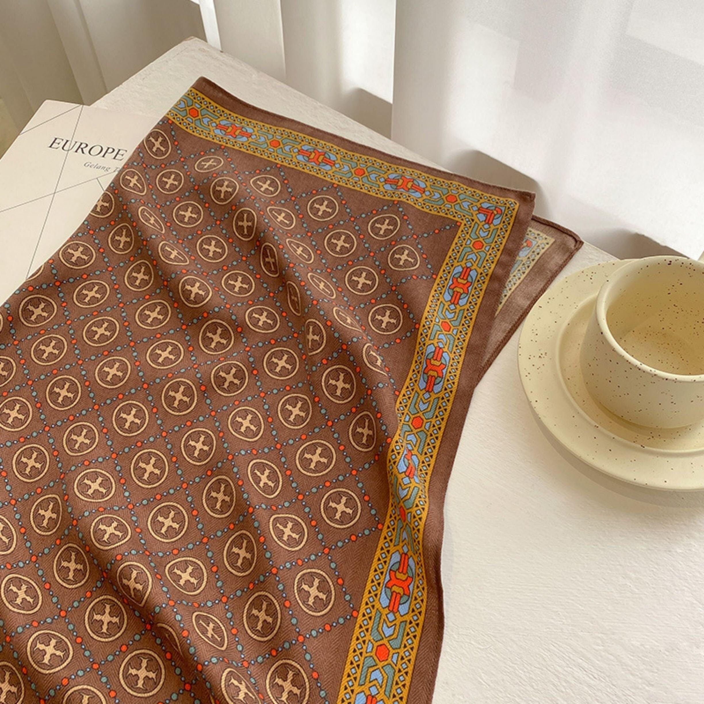 Elegant Coffee Color Square Scarf/Retro Pattern Cotton and Linen Texture Shawl/Head Scarf for Women/Perfect Gift for Her