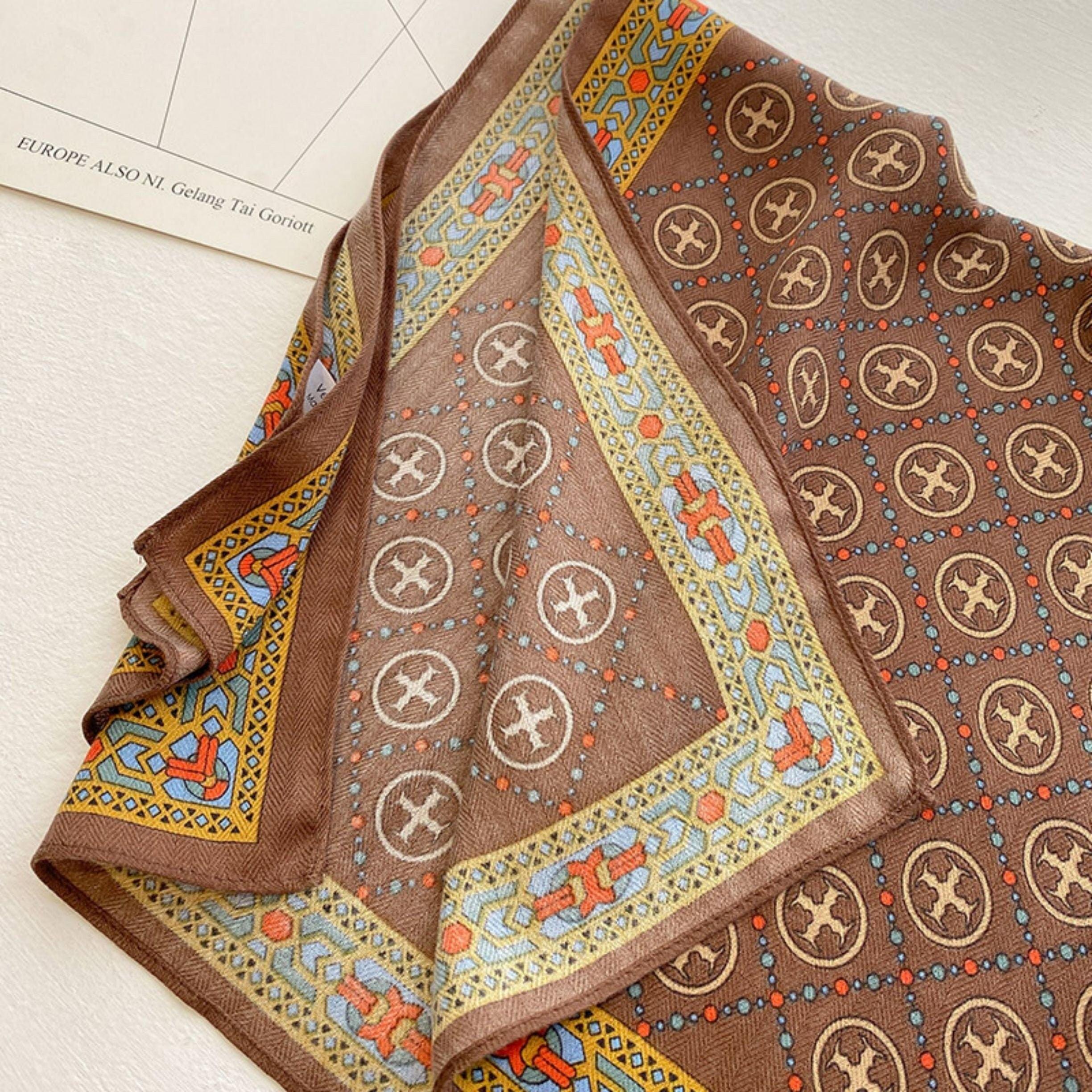 Elegant Coffee Color Square Scarf/Retro Pattern Cotton and Linen Texture Shawl/Head Scarf for Women/Perfect Gift for Her