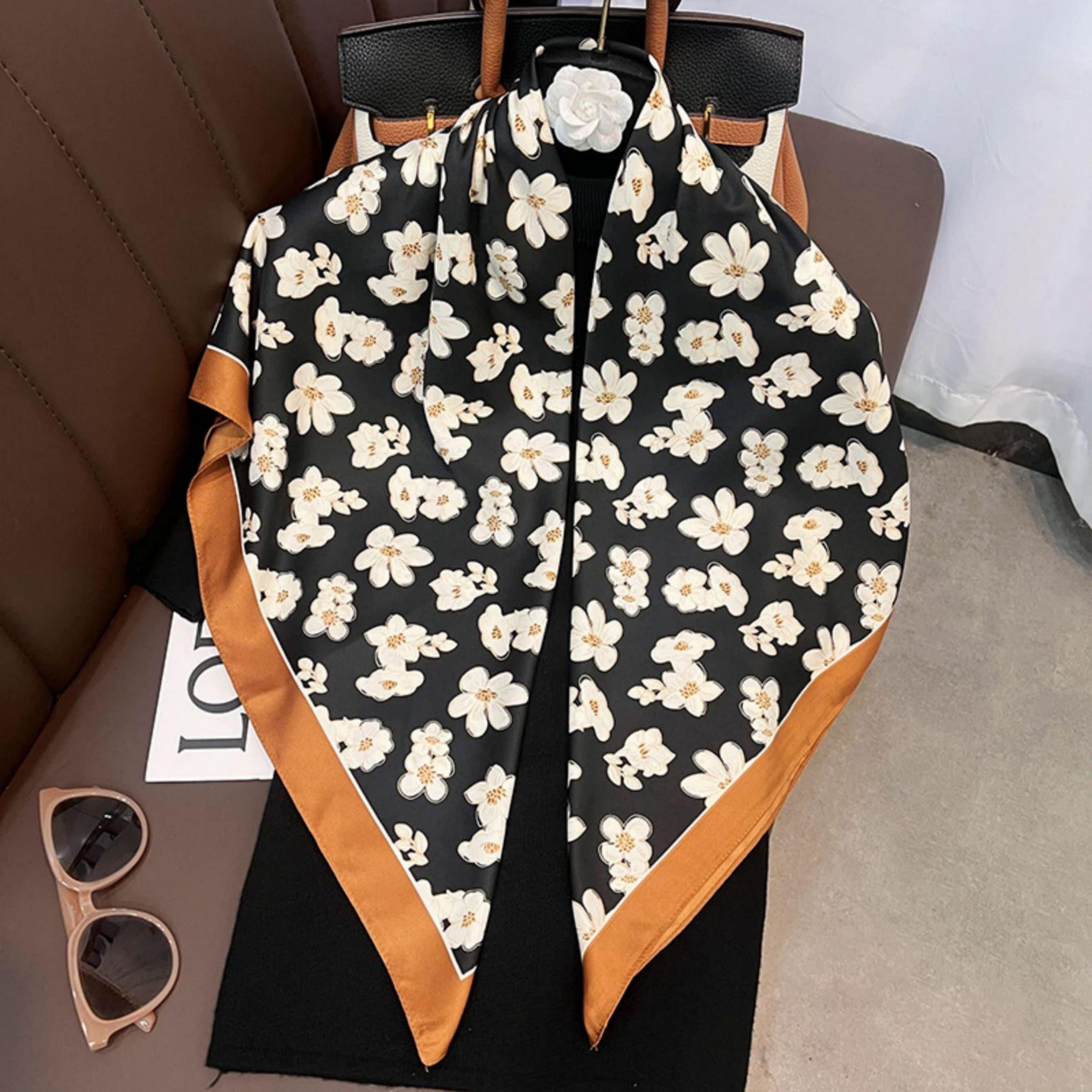 Cherry Blossoms Print Chic Large Satin Scarf | 90x90cm Bandana | Twill Satin Shawl | Perfect Gift for Her, Mother&