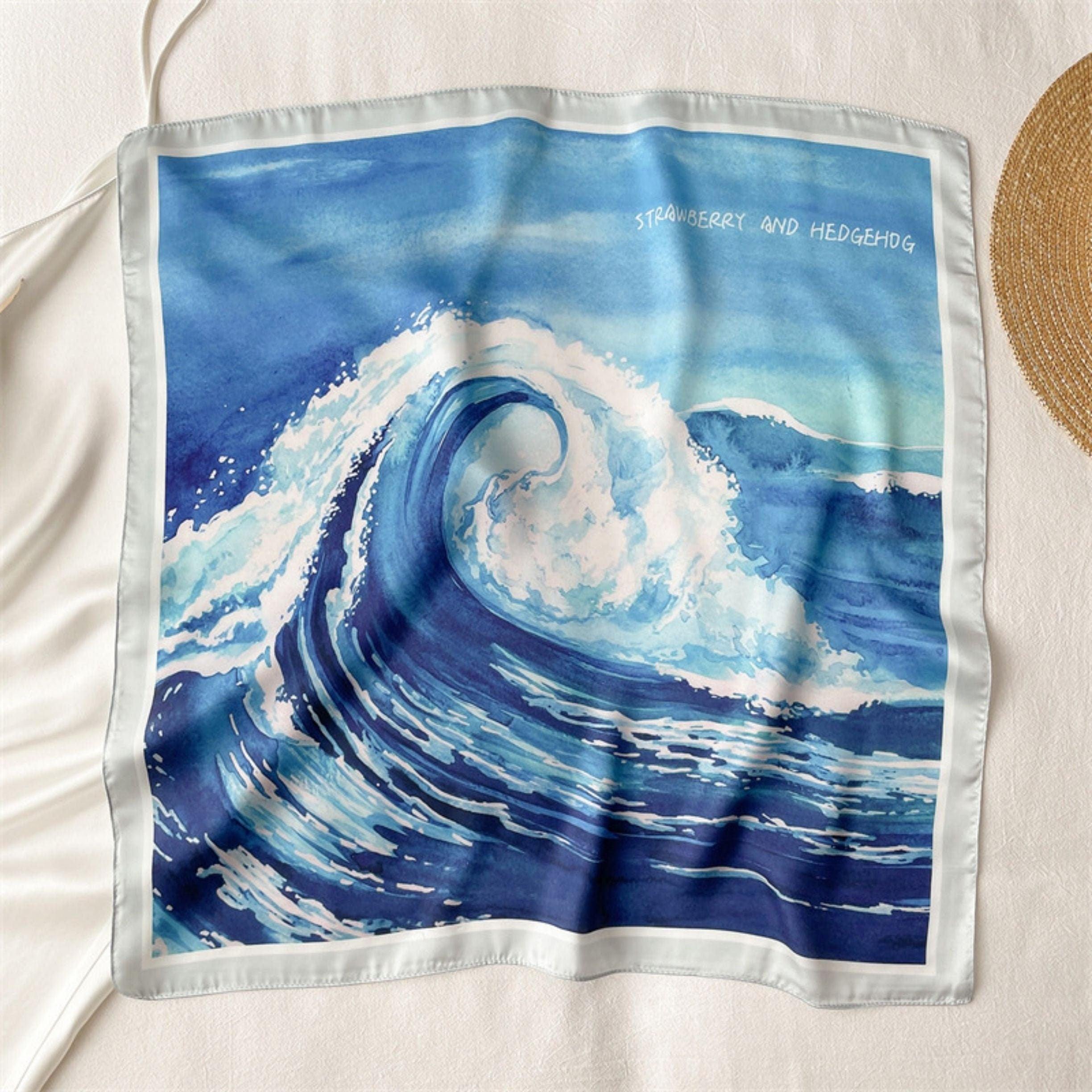 Japanese style sea wave/100% Vegan Silk Scarf/Silk head scarf/55*55cm/Silk hair scarf/Neck scarf/Silk bandana/Bag Accessory/Gift for her