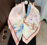 Rosa Flora großer Seidenschal/Seidentwill-Satin/9090 cm/Seidenschal/Seidenbandana/Großer Satinschal/Geschenk für Sie/Muttertagsgeschenke