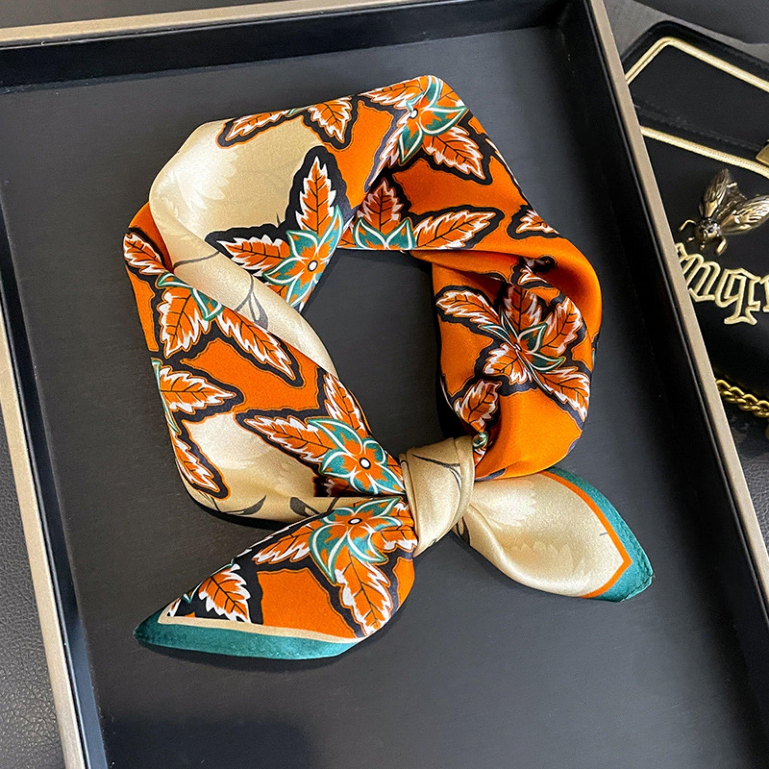 Orange Leaf Silk Scarf/100% mulberry Silk Scarf/Silk head scarf/Silk hair scarf/Silk neck scarf/Silk bandana/Bag Accessory/Gift for her