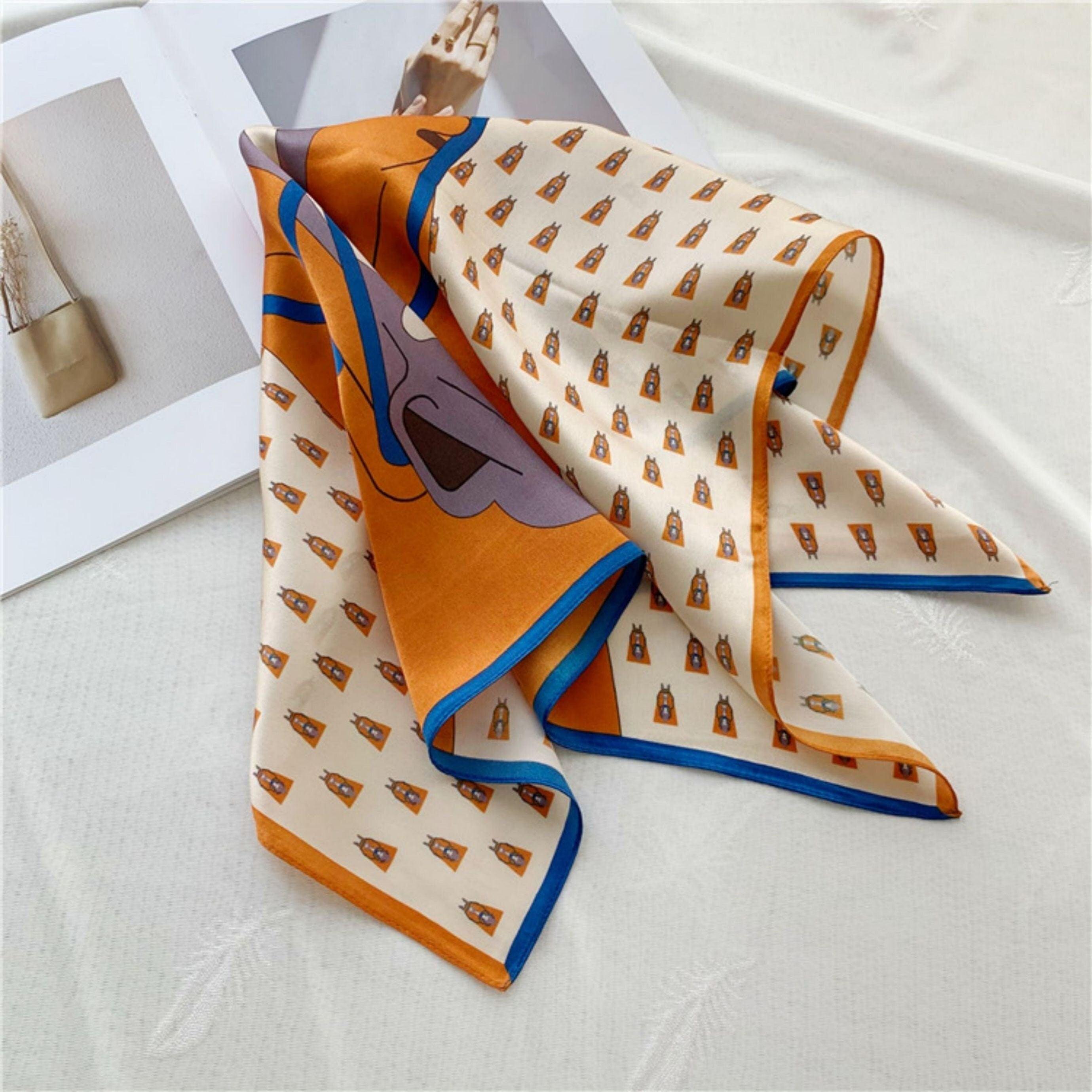 オレンジホースプリント 100% 桑シルクスカーフ/シルクヘッドスカーフ/シルクヘアスカーフ/シルクネックスカーフ/母の日のギフト/バッグアクセサリー/彼女へのギフト