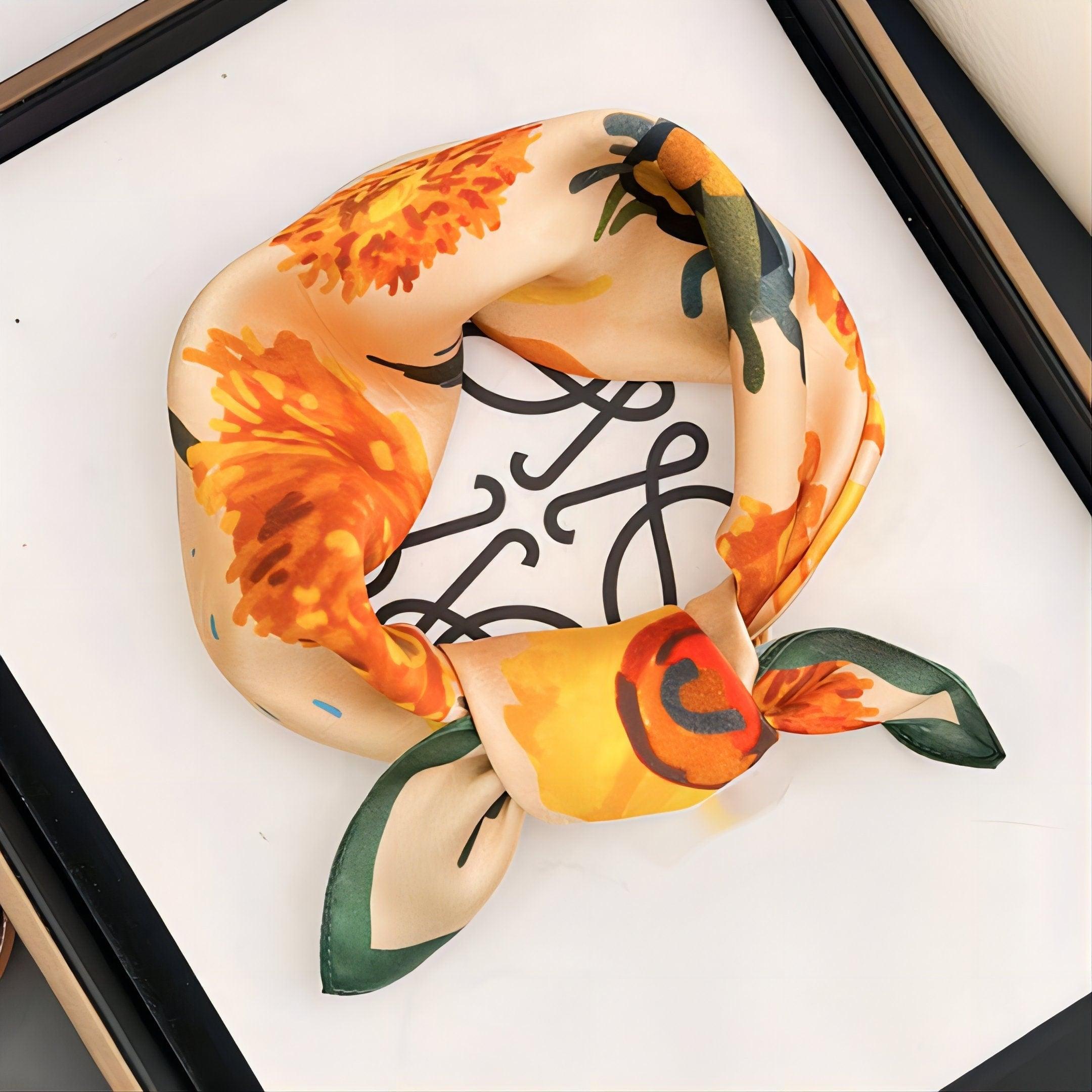 Schal aus 100 % Maulbeerseide/Kopftuch aus Seide/Haarschal aus Seide/Halstuch aus Seide/Muttertagsgeschenke/Taschenaccessoire/Geschenk für Sie/Sonnenblumenmuster