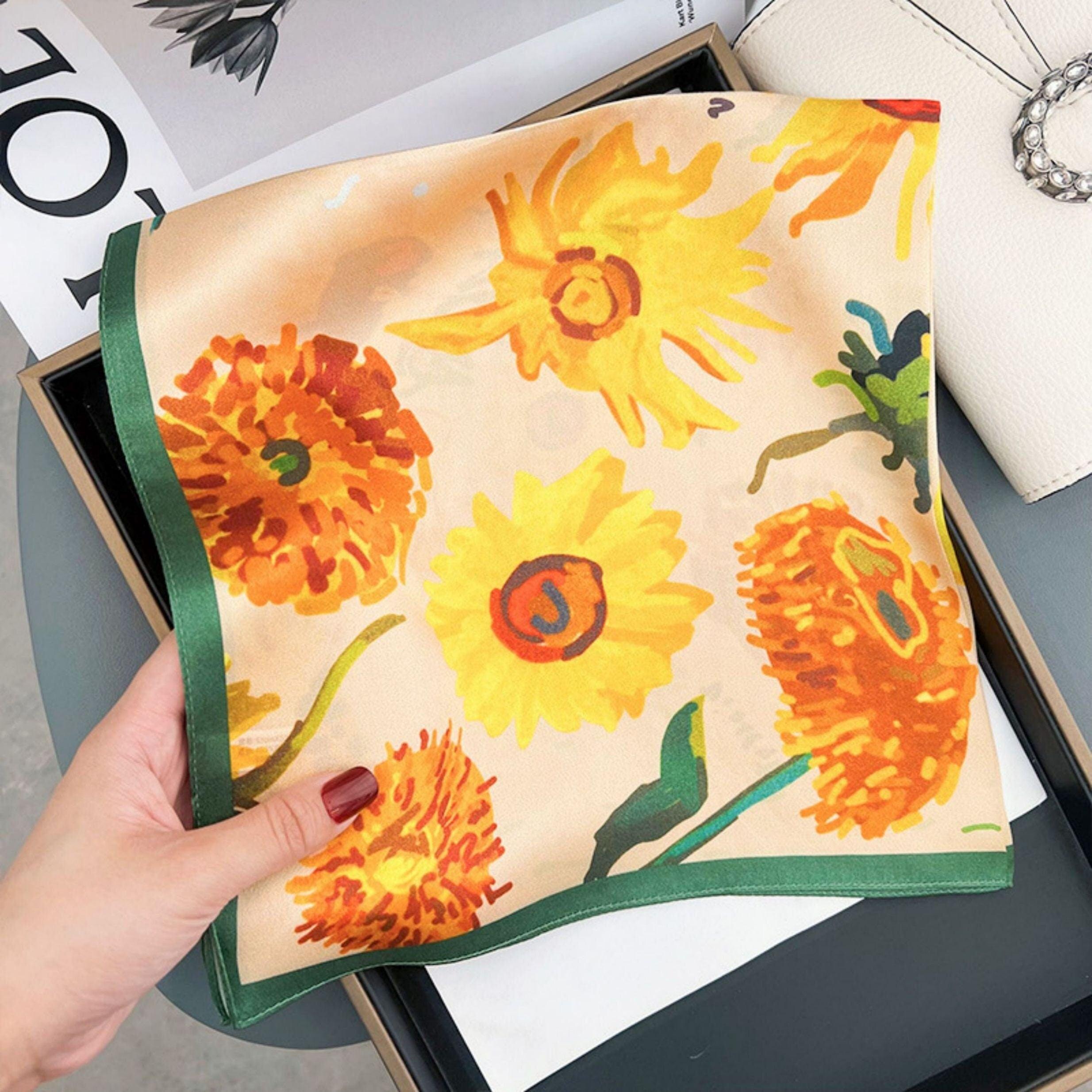 Schal aus 100 % Maulbeerseide/Kopftuch aus Seide/Haarschal aus Seide/Halstuch aus Seide/Muttertagsgeschenke/Taschenaccessoire/Geschenk für Sie/Sonnenblumenmuster