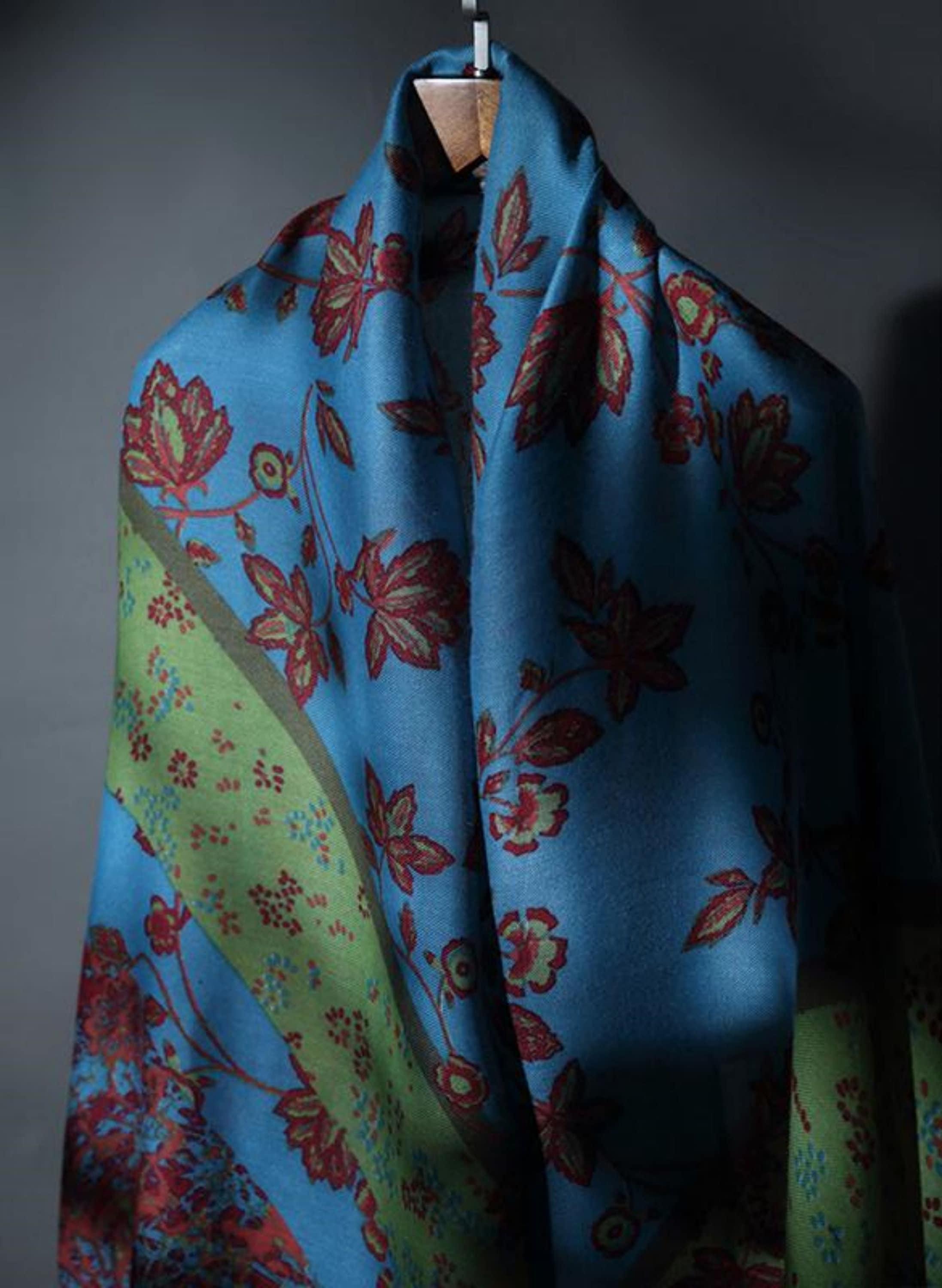 Unique Vintage Inspired Scarf - Screen Printed Twill Woven Shawl - Blue and Green Clashing Print