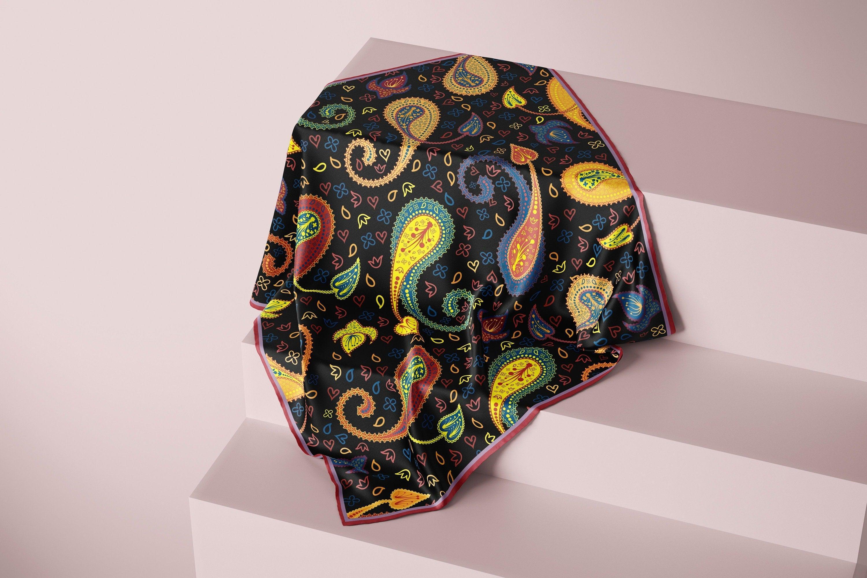 Modern and playful paisley print silk scarf - Vibrant Yellow, Red, and Black - Designer Original - Customizable Fabric and Size - Women&