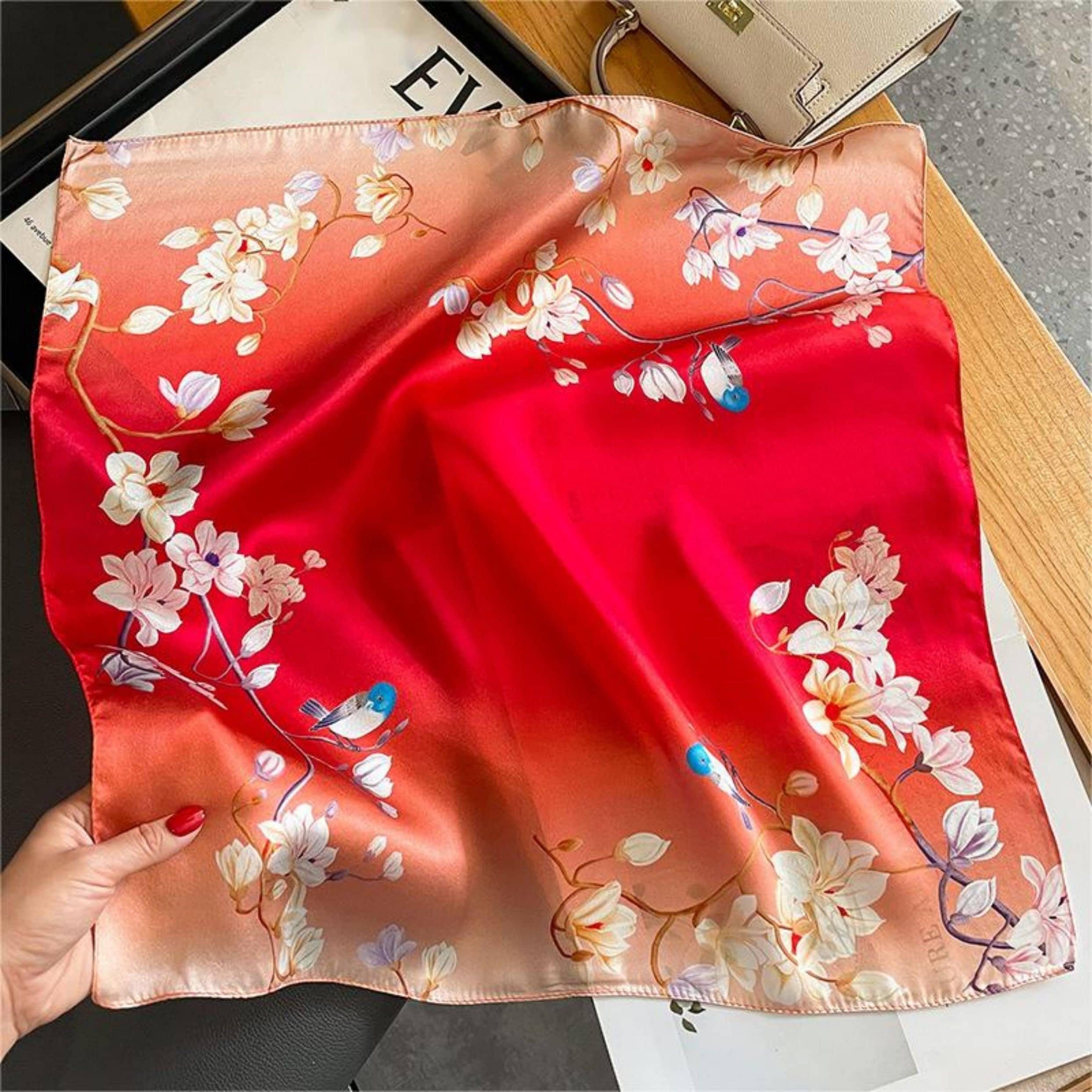 Rouge Red Flower Bird 100% mulberry Silk Scarf/Silk head scarf/Silk hair scarf/Silk neck scarf/Mother&