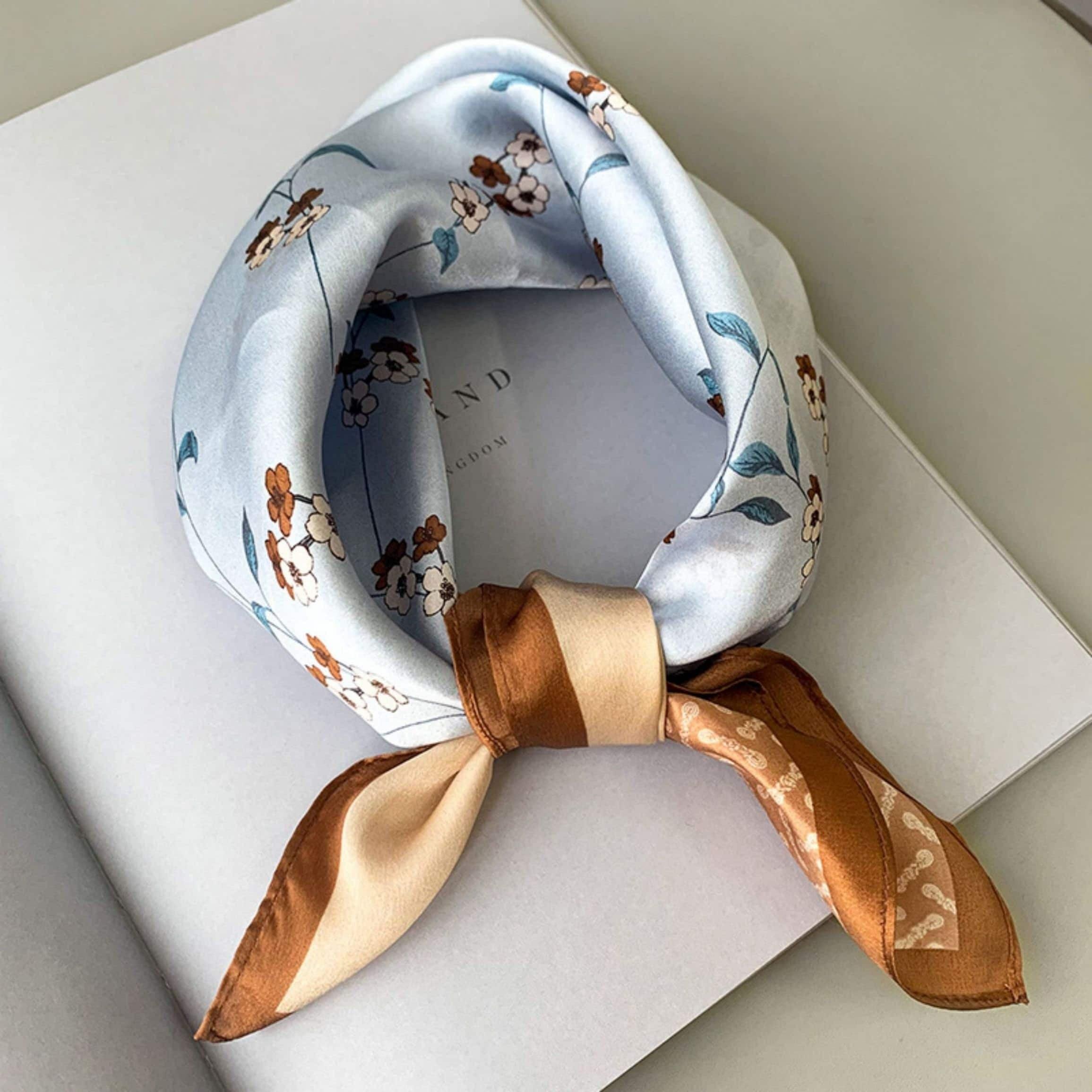 エレガントなフローラ 100% マルベリーシルクスカーフ/シルクヘッドスカーフ/シルクヘアスカーフ/シルクネックスカーフ/母の日ギフト/バッグアクセサリー/彼女へのギフト