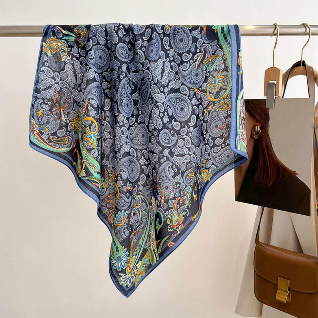 Navy Blue Paisley Pattern Square Scarf/Retro Pattern Cotton and Linen Texture Shawl/Head Scarf for Women/Perfect Gift for Her