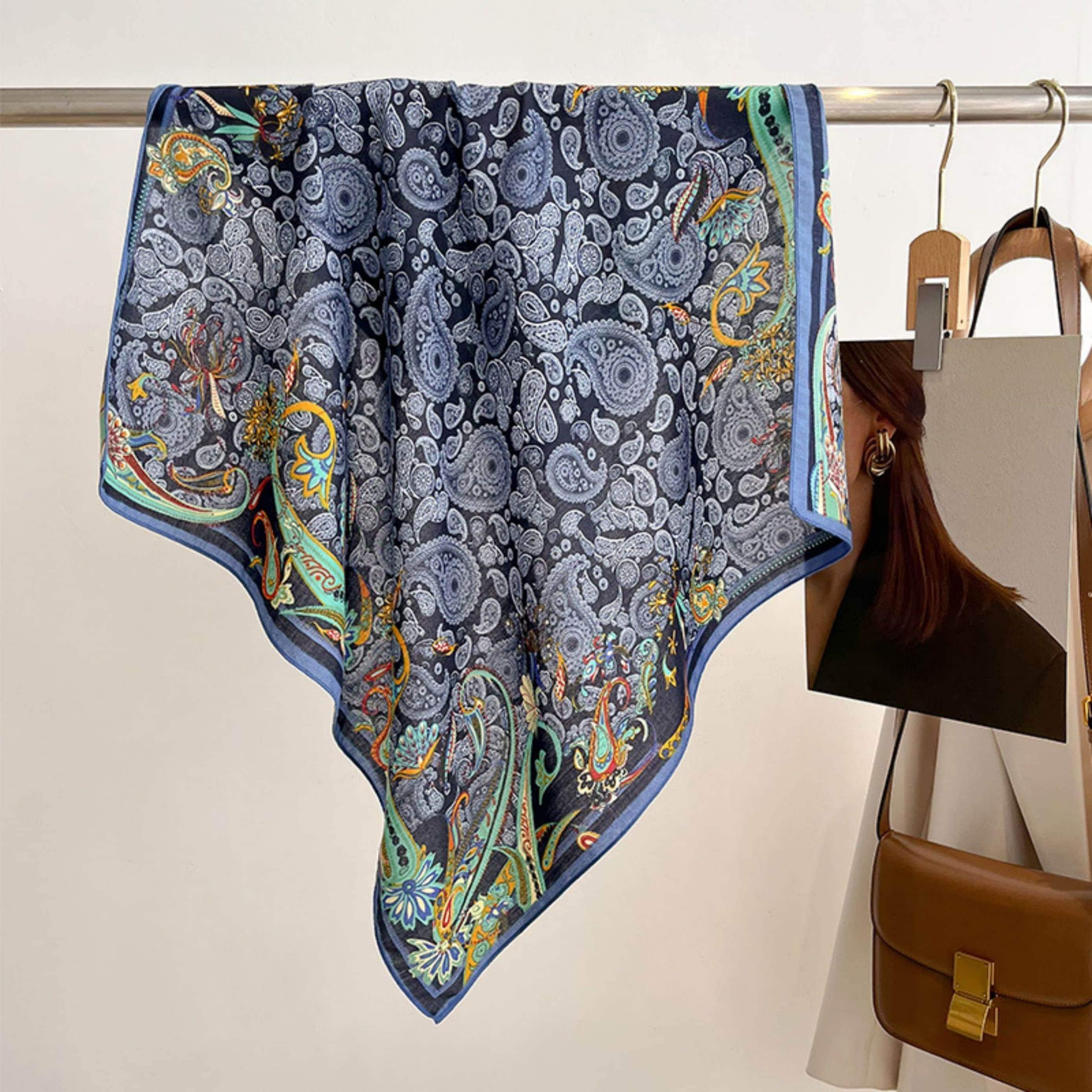 Navy Blue Paisley Pattern Square Scarf/Retro Pattern Cotton and Linen Texture Shawl/Head Scarf for Women/Perfect Gift for Her