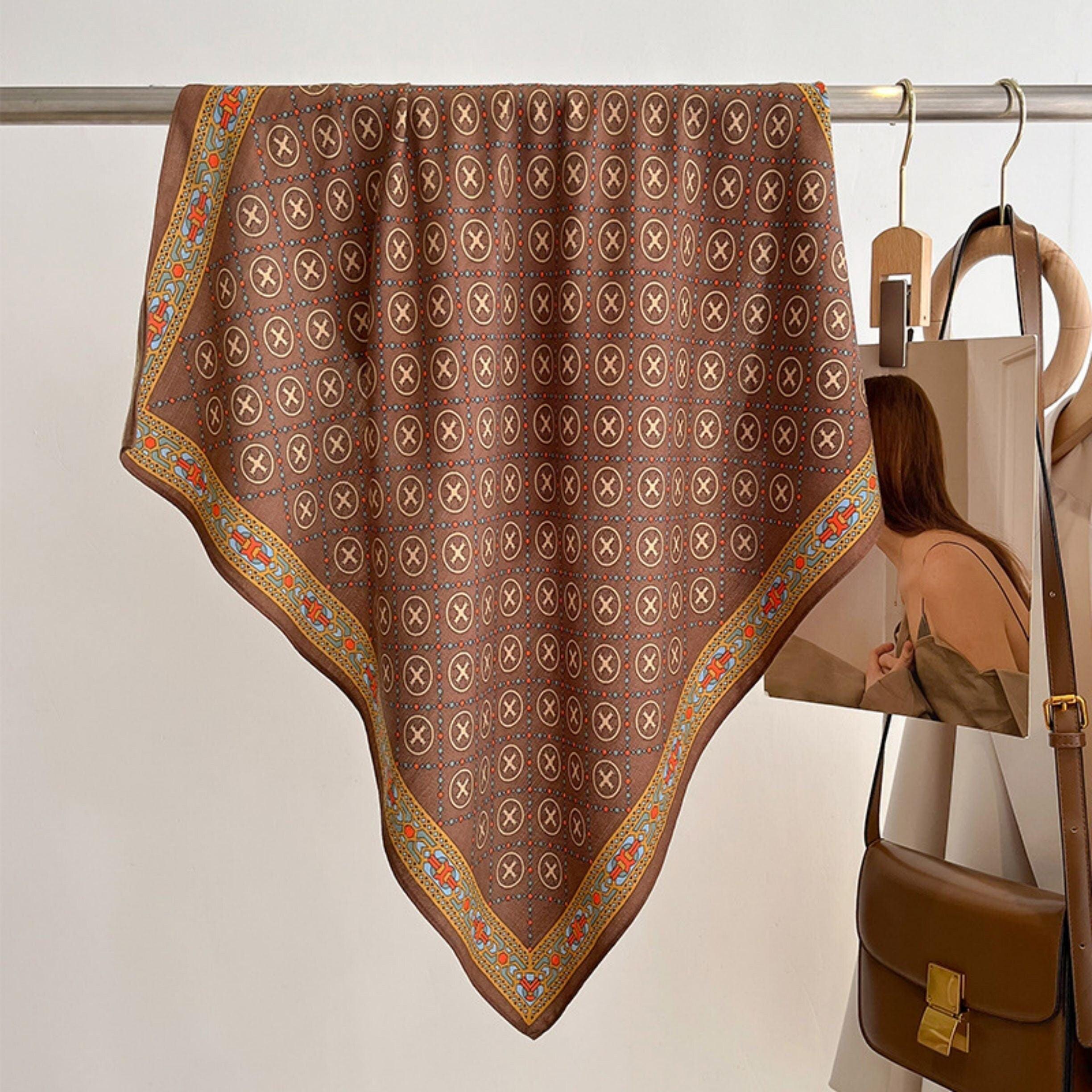 Elegant Coffee Color Square Scarf/Retro Pattern Cotton and Linen Texture Shawl/Head Scarf for Women/Perfect Gift for Her