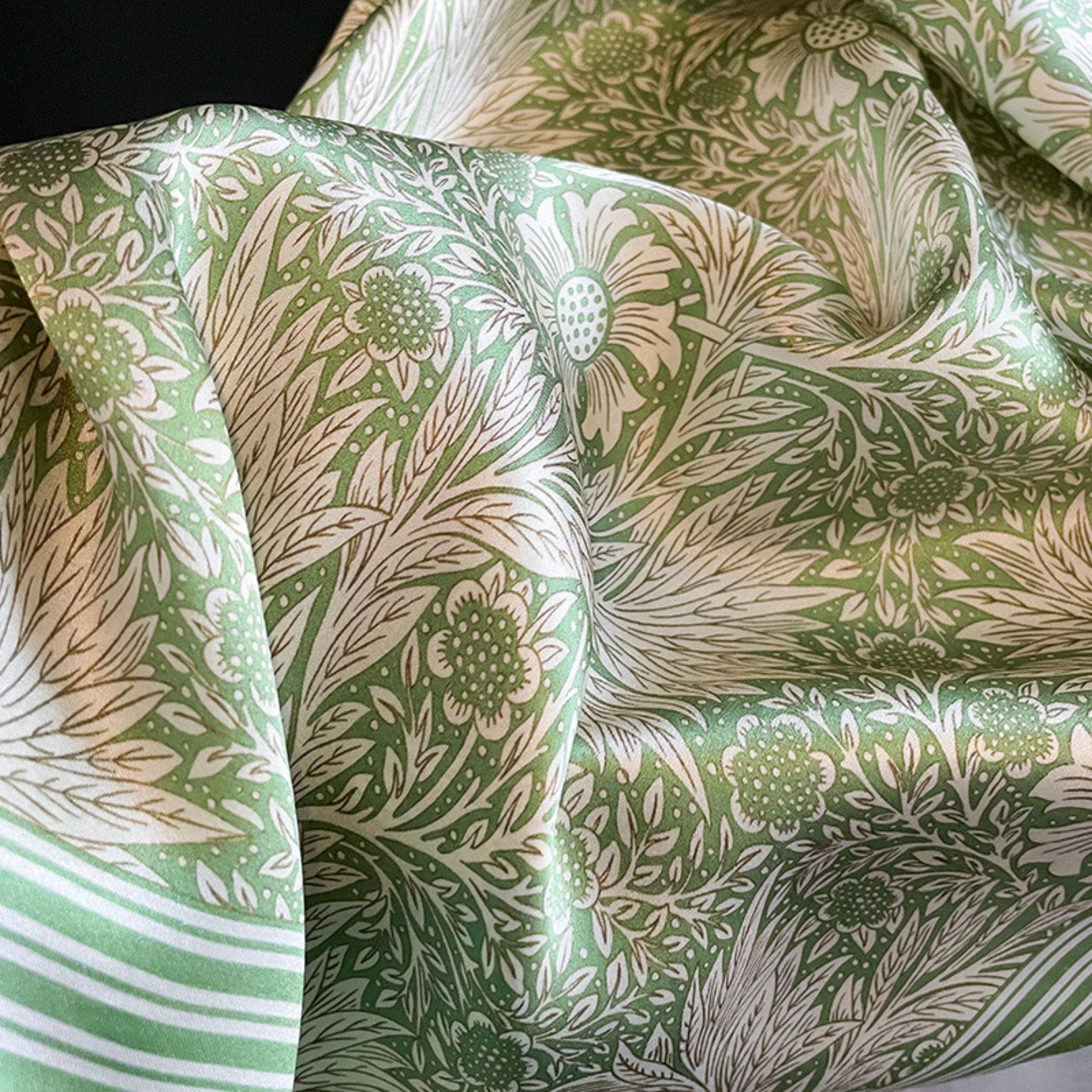 Green Floral Silk Scarf/100% mulberry Silk Scarf/Silk head scarf/Silk hair scarf/Silk neck scarf/Silk bandana/Bag Accessory/Gift for her