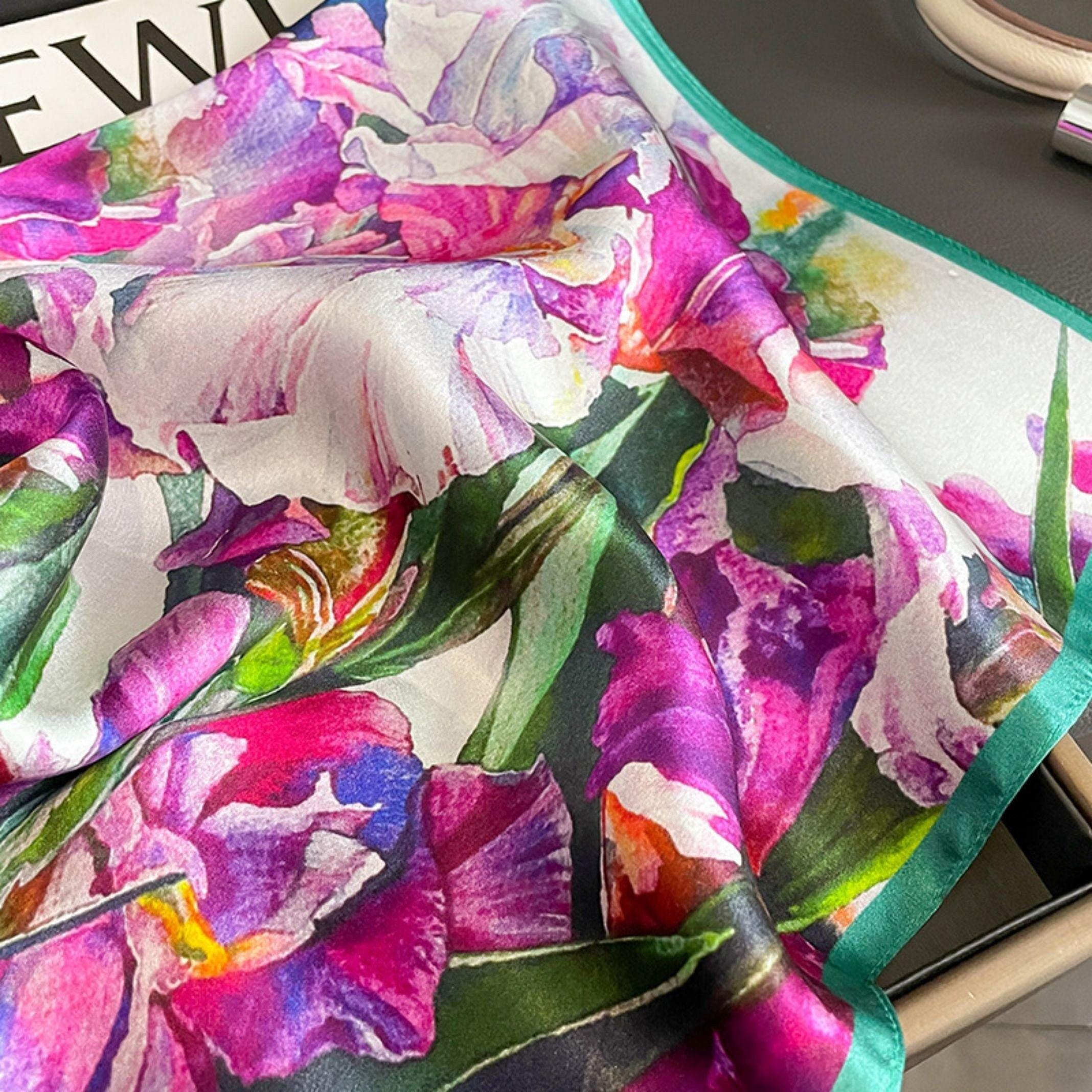 Ölgemälde Blumenmuster 100 % Maulbeerseidenschal/Seidenkopfschal/Seidenhaarschal/Muttertagsgeschenke/Taschenaccessoire/Geschenk für Sie