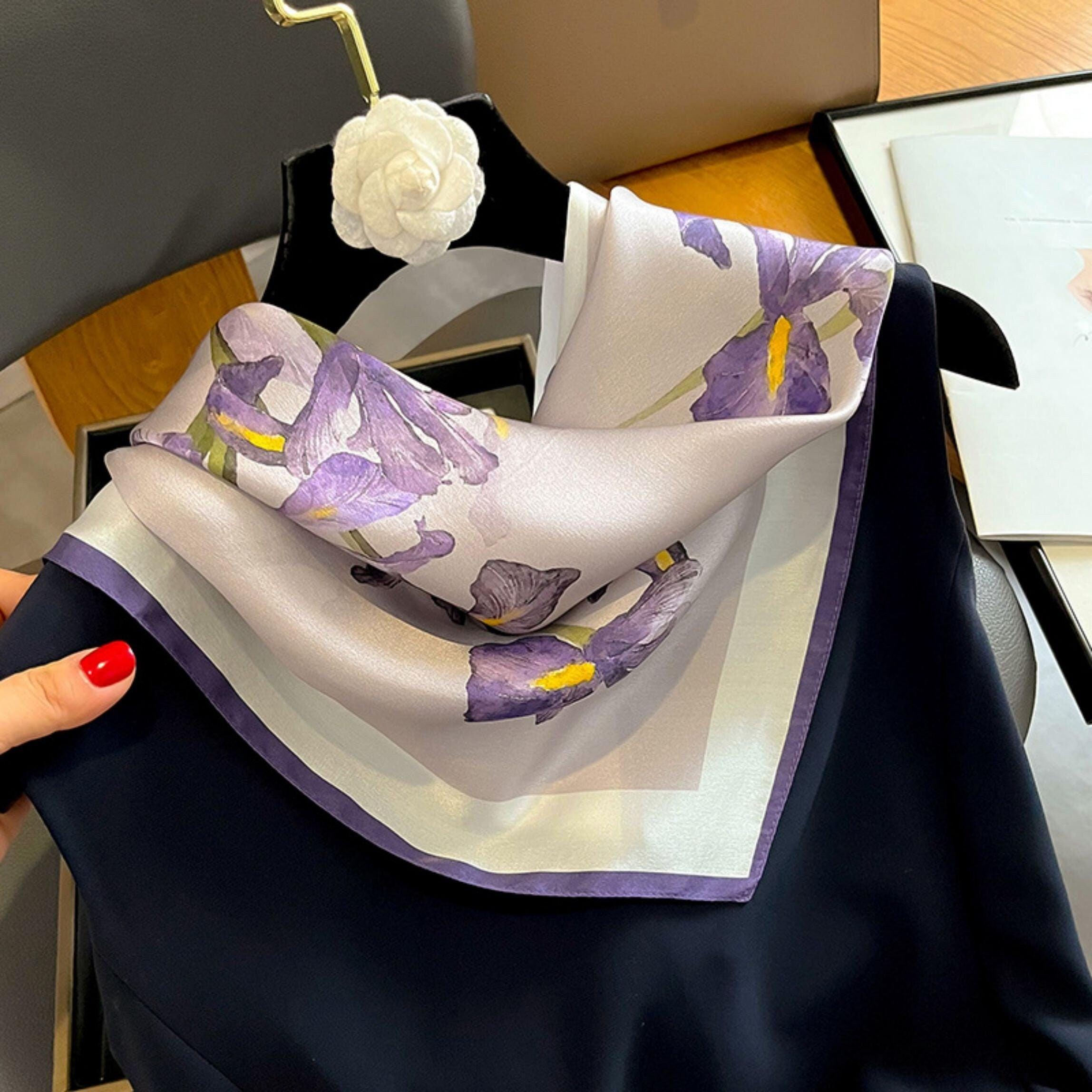 パープルアイリス 100% 桑シルクスカーフ/シルクヘッドスカーフ/シルクヘアスカーフ/シルクネックスカーフ/母の日ギフト/バッグアクセサリー/彼女へのギフト