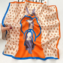 Orange horse print 100% mulberry Silk Scarf/Silk head scarf/Silk hair scarf/Silk neck scarf/Mother's Day Gifts/Bag Accessory/Gift for her