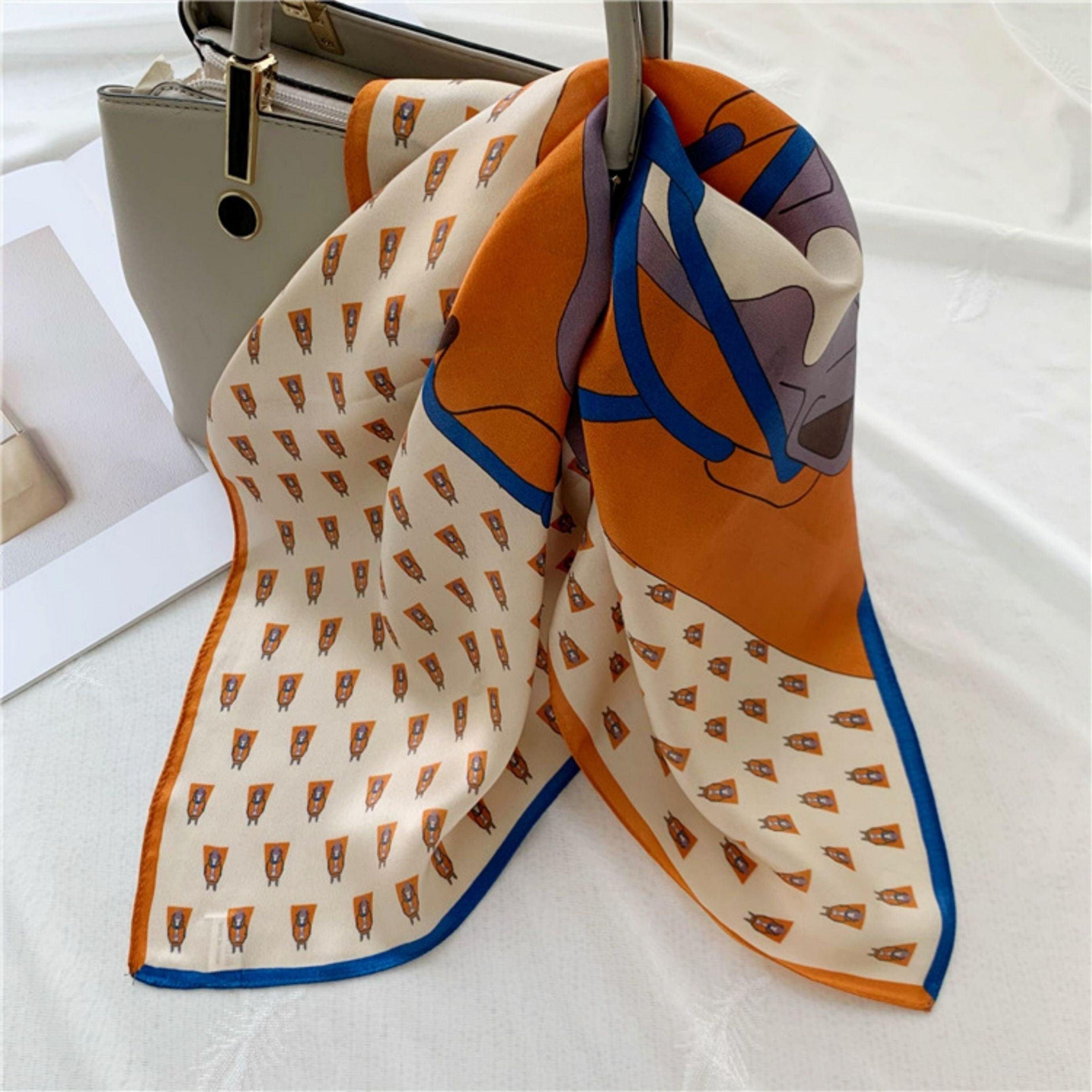 オレンジホースプリント 100% 桑シルクスカーフ/シルクヘッドスカーフ/シルクヘアスカーフ/シルクネックスカーフ/母の日のギフト/バッグアクセサリー/彼女へのギフト