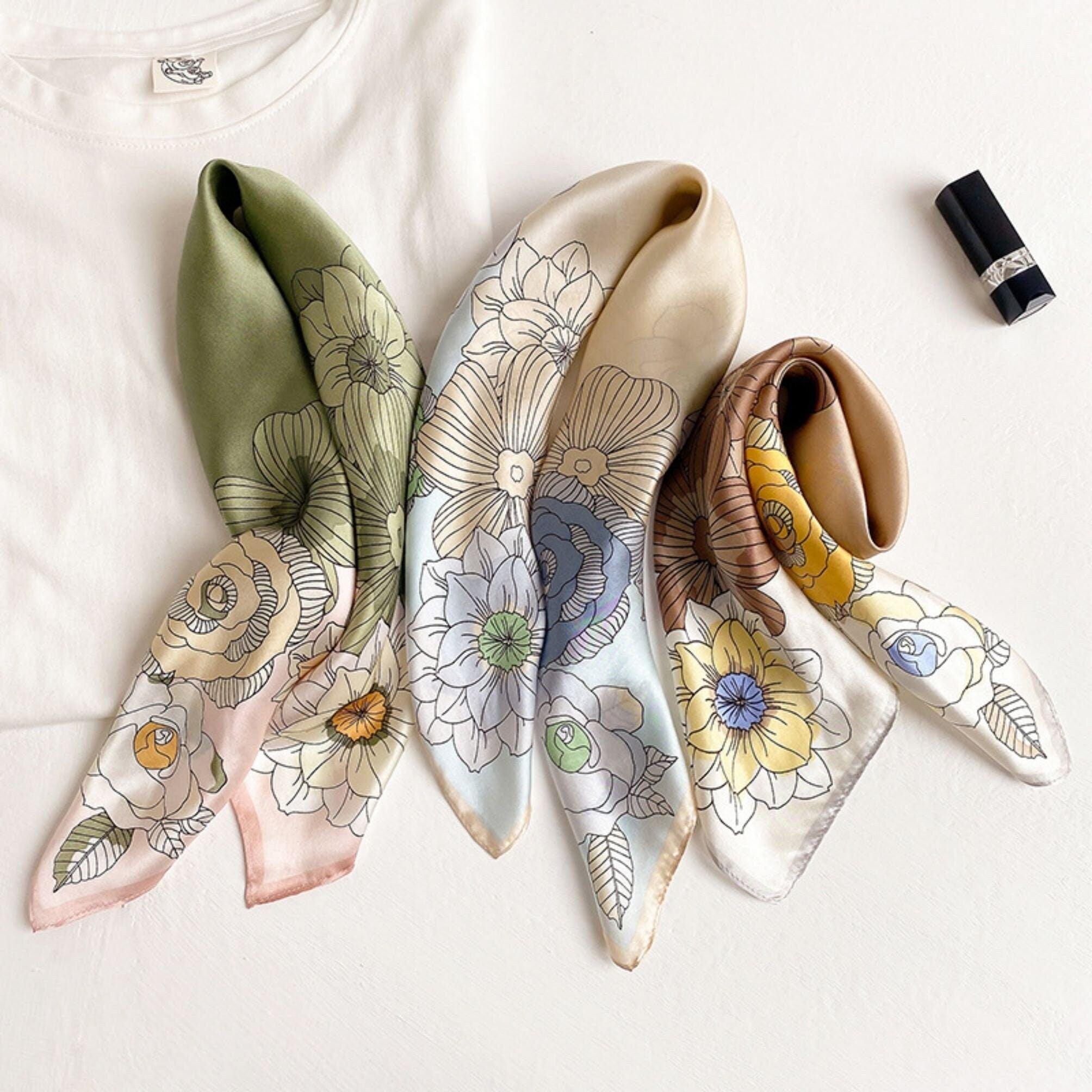 Light Color Flowers 100% mulberry Silk Scarf/Silk head scarf/Silk hair scarf/Silk neck scarf/Mother&