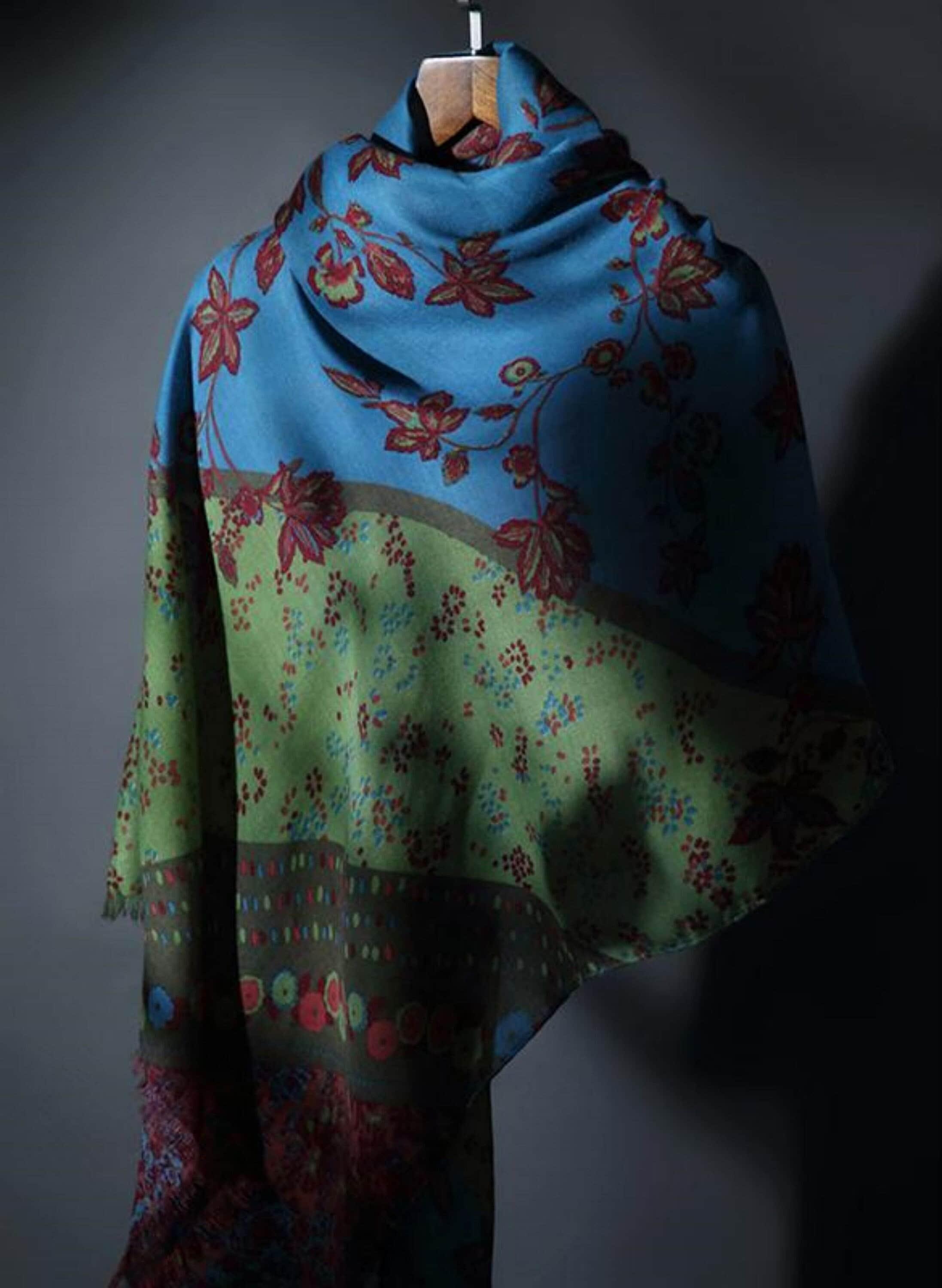 Unique Vintage Inspired Scarf - Screen Printed Twill Woven Shawl - Blue and Green Clashing Print