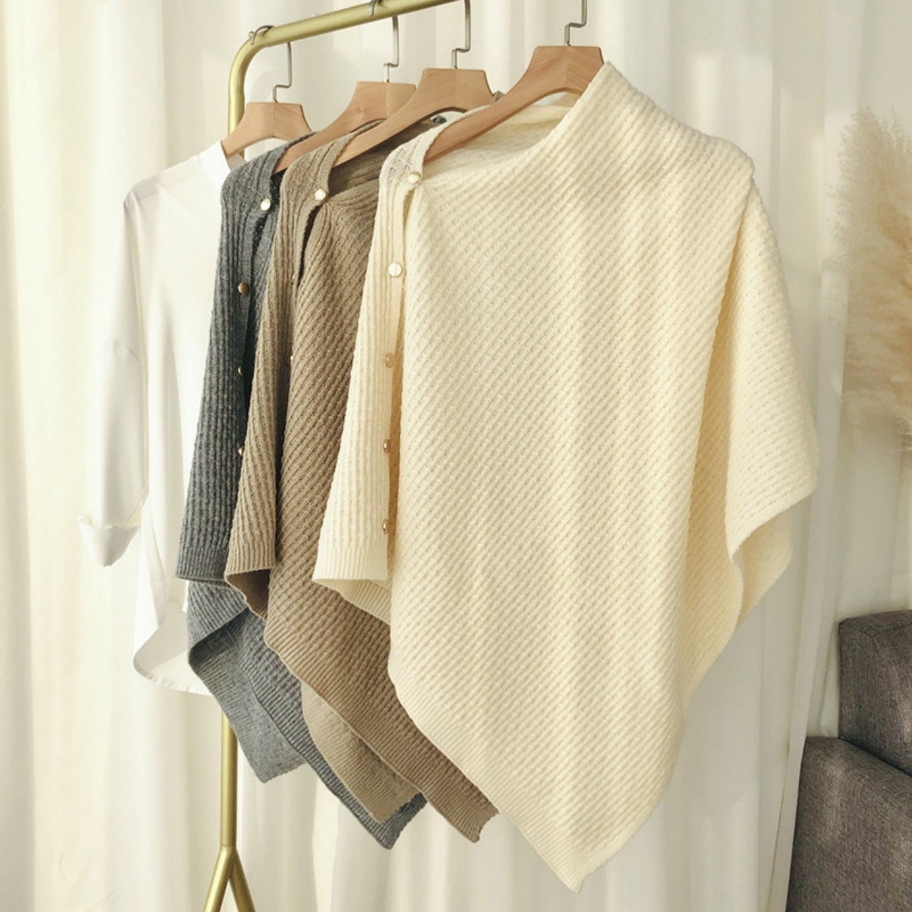 Knitted Plaid Shawl Cape with Buckle - Versatile and Warm Scarf Wrap for Women