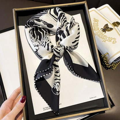 Green/White Zebra Pattern Luxurious 65cm Mulberry Silk Square Scarf/Hand-Rolled Hem/Small Neck Scarf/Gift For Her