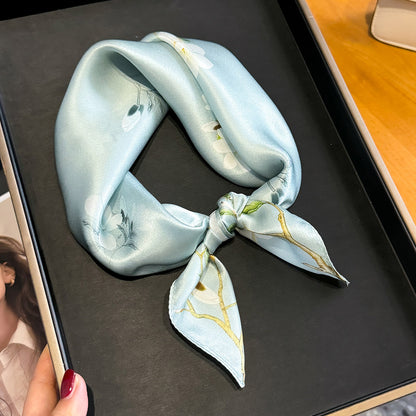 Light Blue Floral 100% Mulberry Silk Scarf - Hair Scarf, Neck Scarf, Bandana, Bag Accessory, Gift for Her - Oriental Aesthetic for Spring
