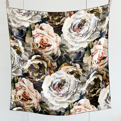 100% Mulberry Silk Twill Scarf – Vintage Rose Garden | Hand-Rolled Edges, 90cm