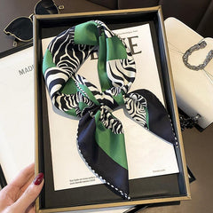 Green/White Zebra Pattern Luxurious 65cm Mulberry Silk Square Scarf/Hand-Rolled Hem/Small Neck Scarf/Gift For Her
