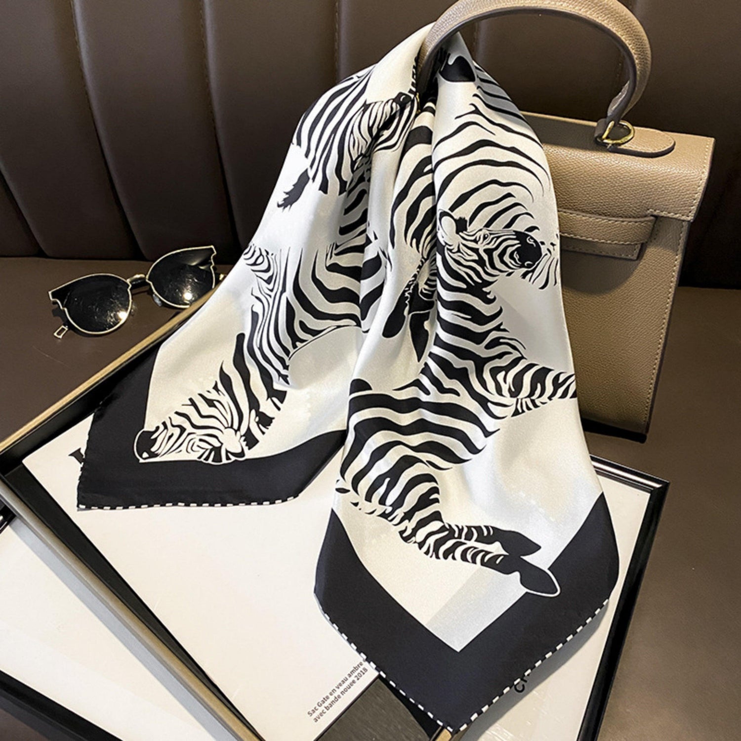 Green/White Zebra Pattern Luxurious 65cm Mulberry Silk Square Scarf/Hand-Rolled Hem/Small Neck Scarf/Gift For Her