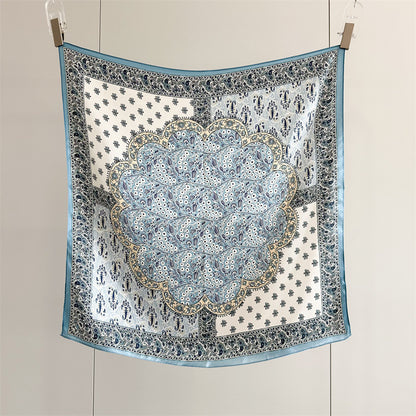 New Arrival: Light Blue 100% Mulberry Silk Square Scarf with Happiness Tree Pattern - 65CM Elegant Shawl, Perfect Gift for Her