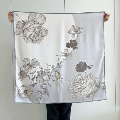 Grey Bloom – 100% Silk Crepe de Chine Scarf 90cm