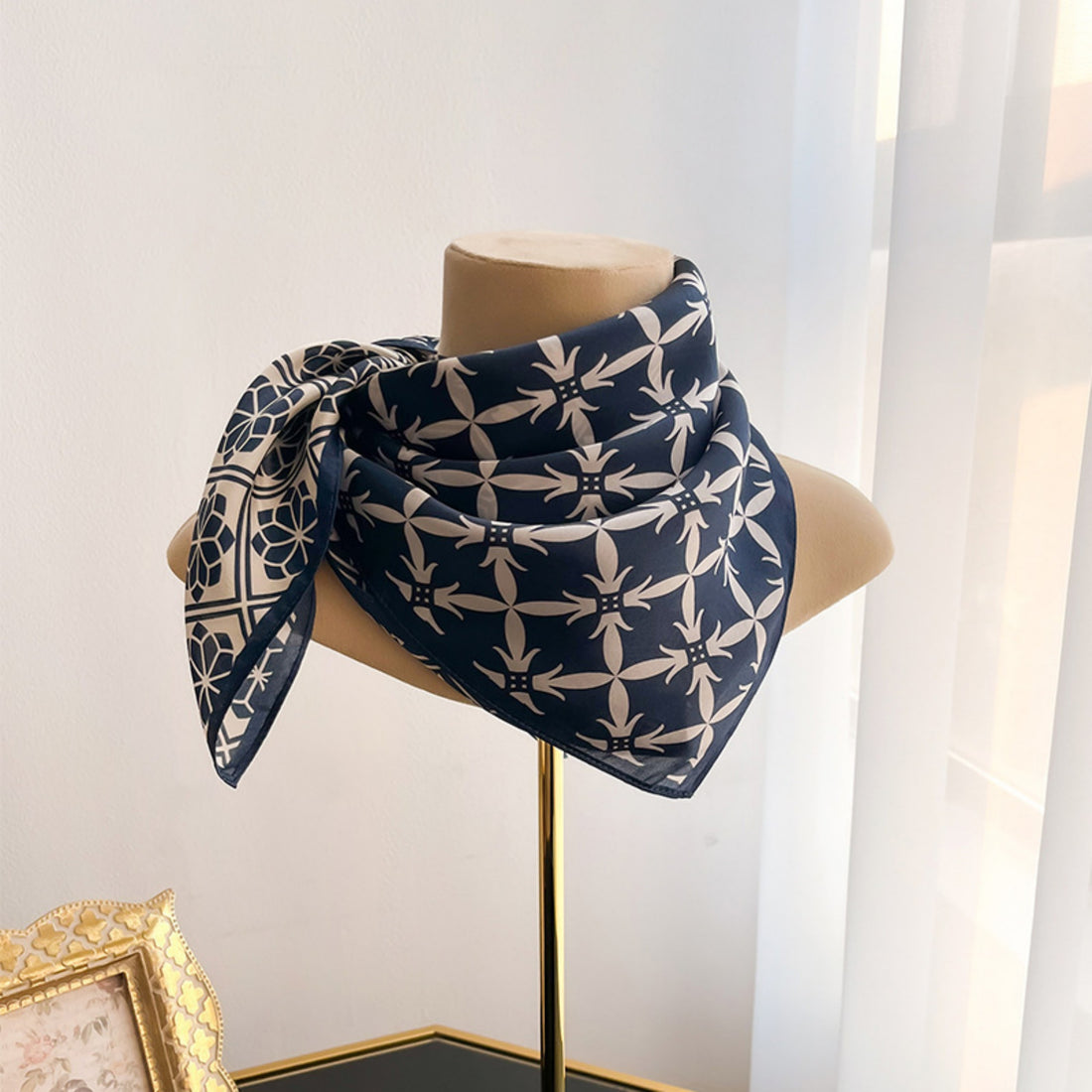 Navy Checkerboard Silk Scarf – 100% Mulberry Silk Twill 65CM | Elegant Square Scarf | Gift for Mom