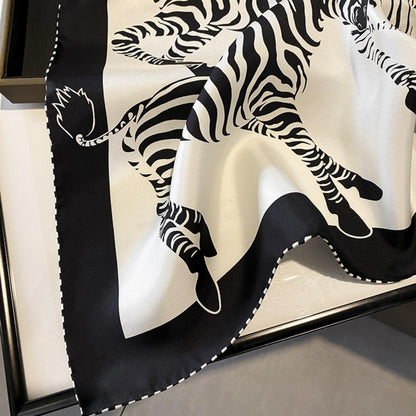 Green/White Zebra Pattern Luxurious 65cm Mulberry Silk Square Scarf/Hand-Rolled Hem/Small Neck Scarf/Gift For Her