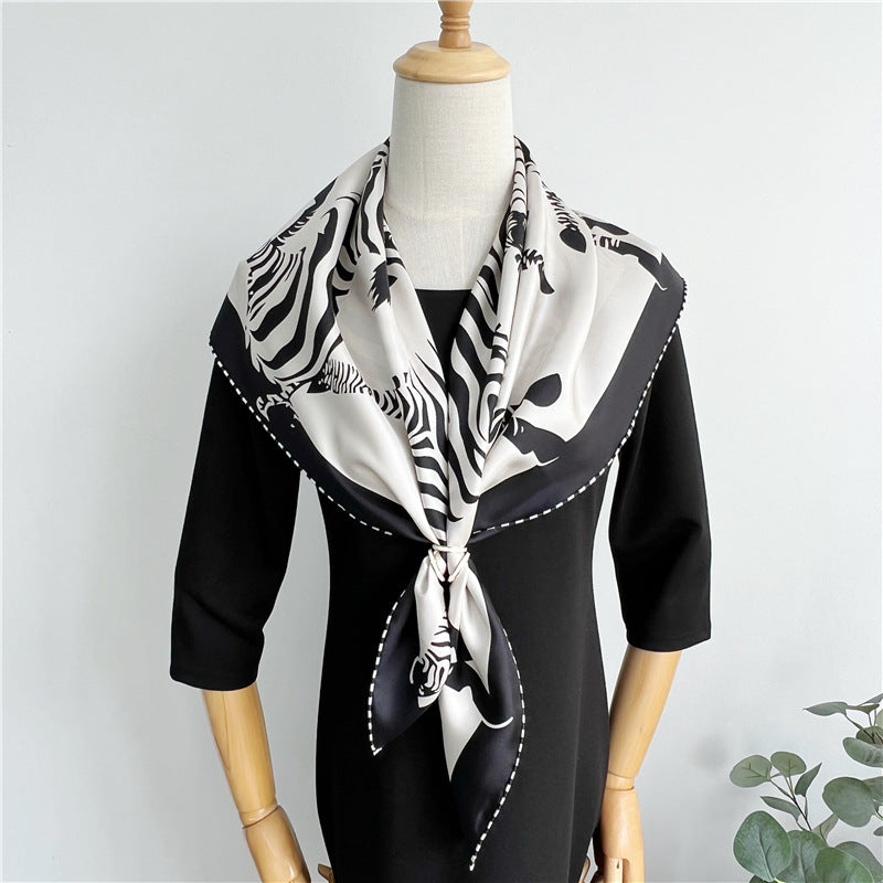 100% Pure Mulberry Silk Twill Scarf – Zebra Print, 90cm, Hand-Rolled Edges
