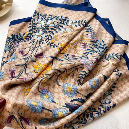 Großer Seidenschal mit Gänseblümchenmuster/Seiden-Twill-Satin/9090 cm/Seidenschal/Seidenbandana/Großer Satinschal/Geschenk für Sie/Muttertagsgeschenke